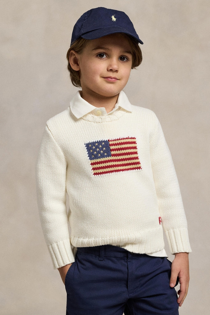 White Little Boys Flag Cotton Crewneck Sweater-Get Girly