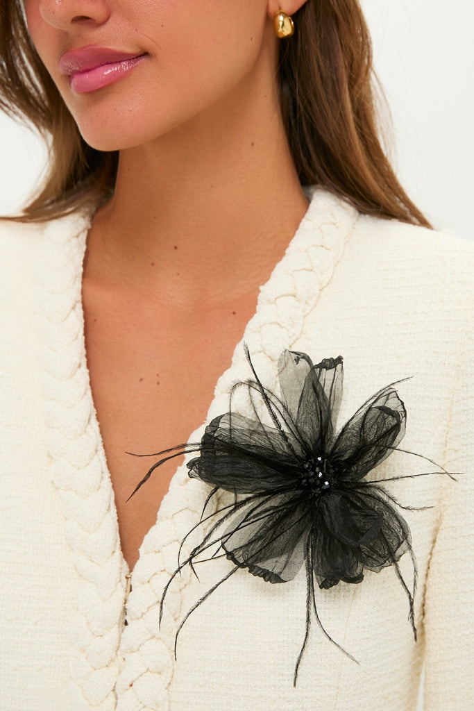Black Embellished Feather Floral Pin-Get Girly
