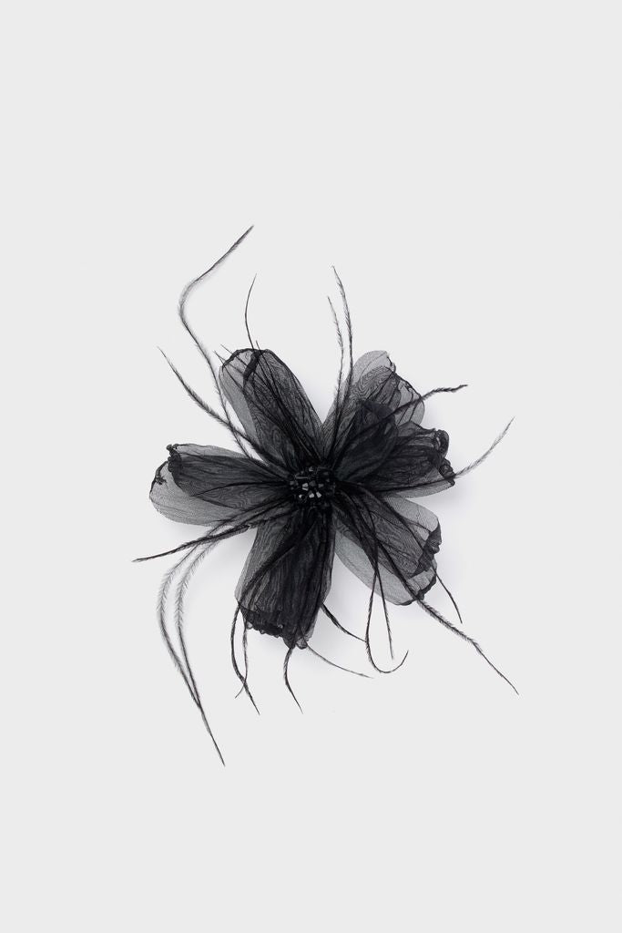 Black Embellished Feather Floral Pin-Get Girly