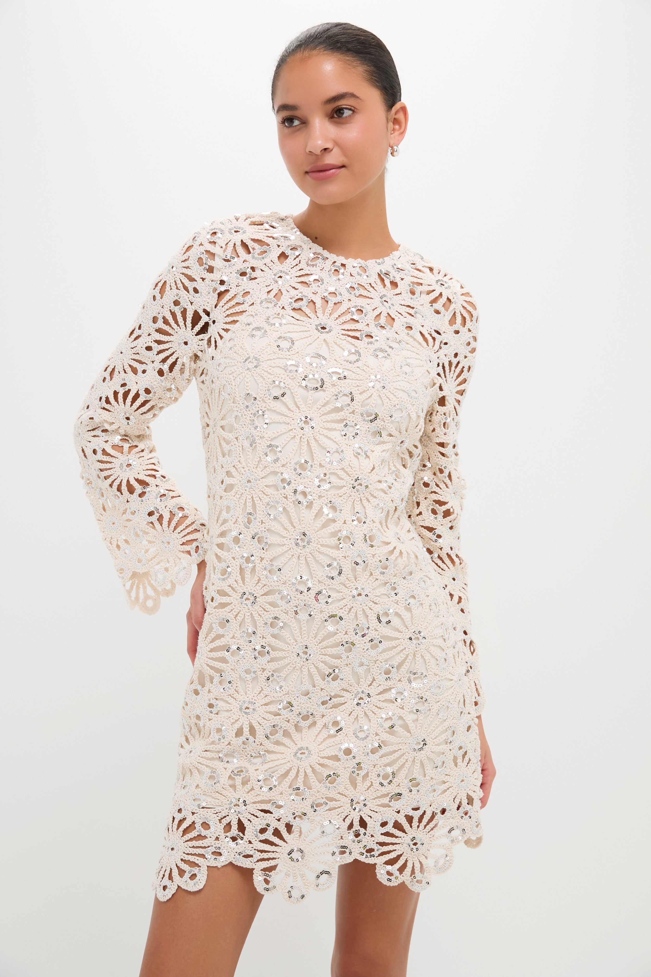 Beige Sequined Crochet Carrie Mini Dress-Get Girly