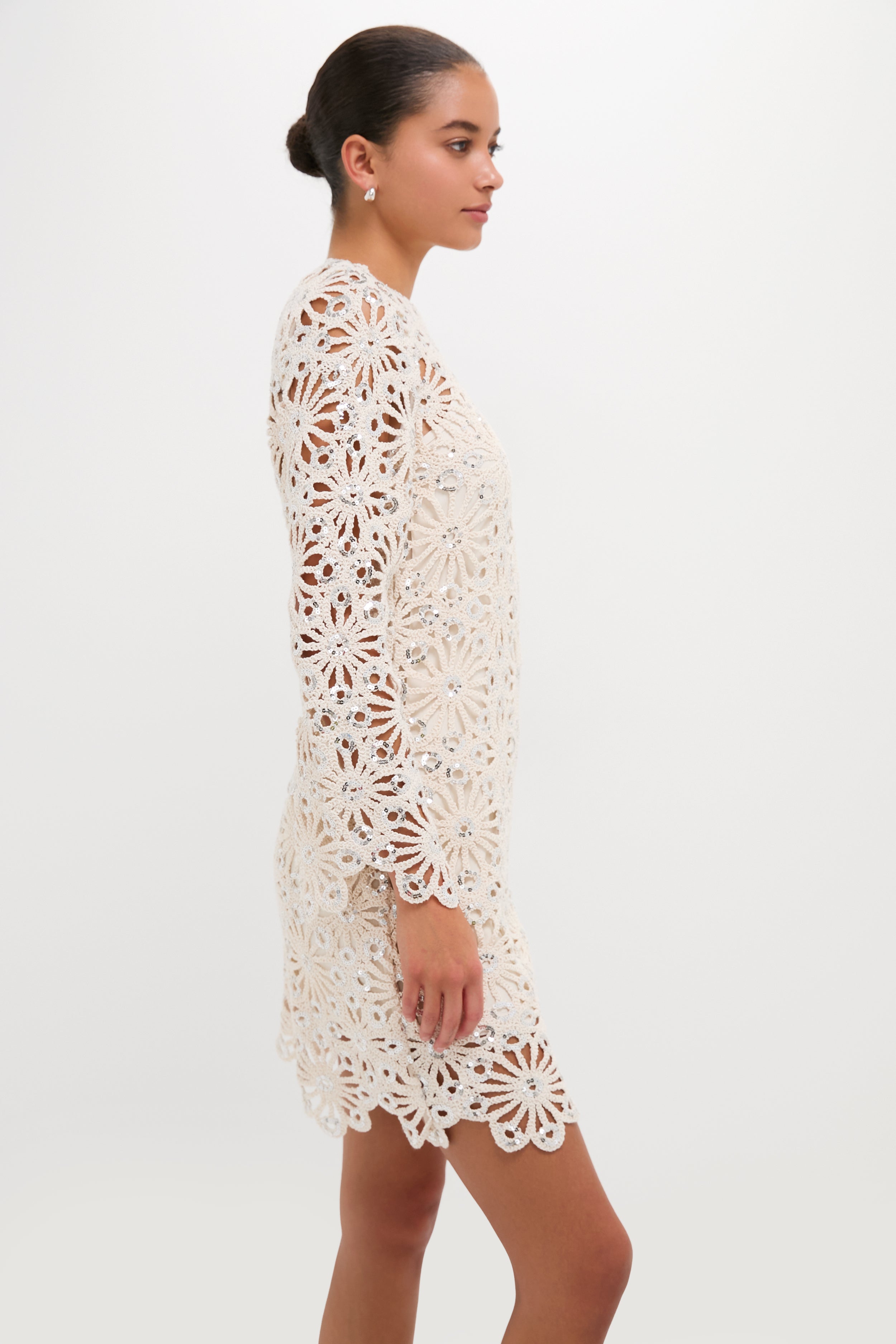 Beige Sequined Crochet Carrie Mini Dress-Get Girly