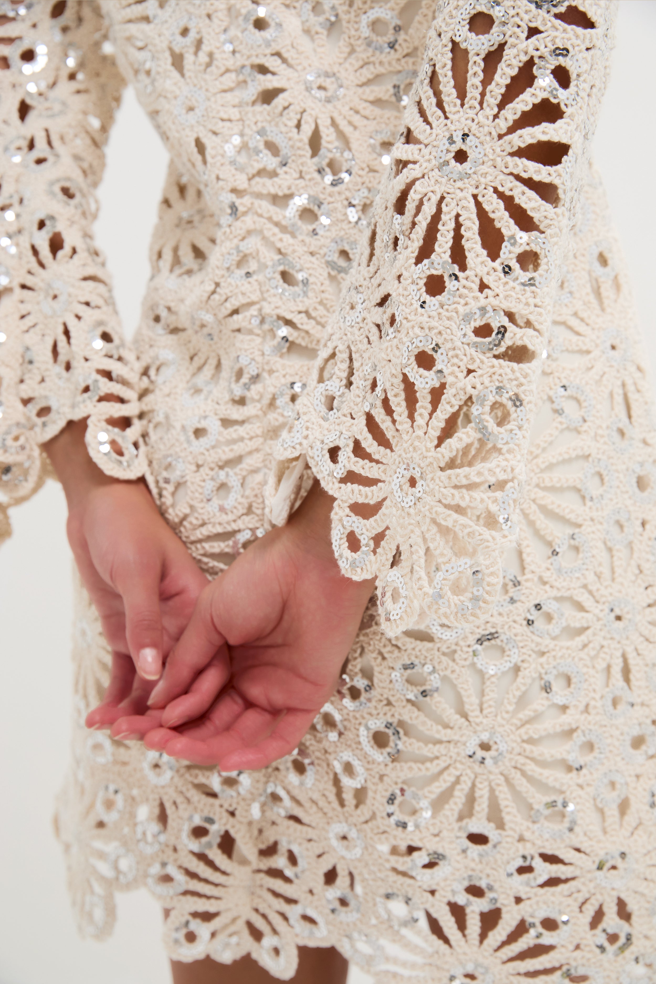 Beige Sequined Crochet Carrie Mini Dress-Get Girly