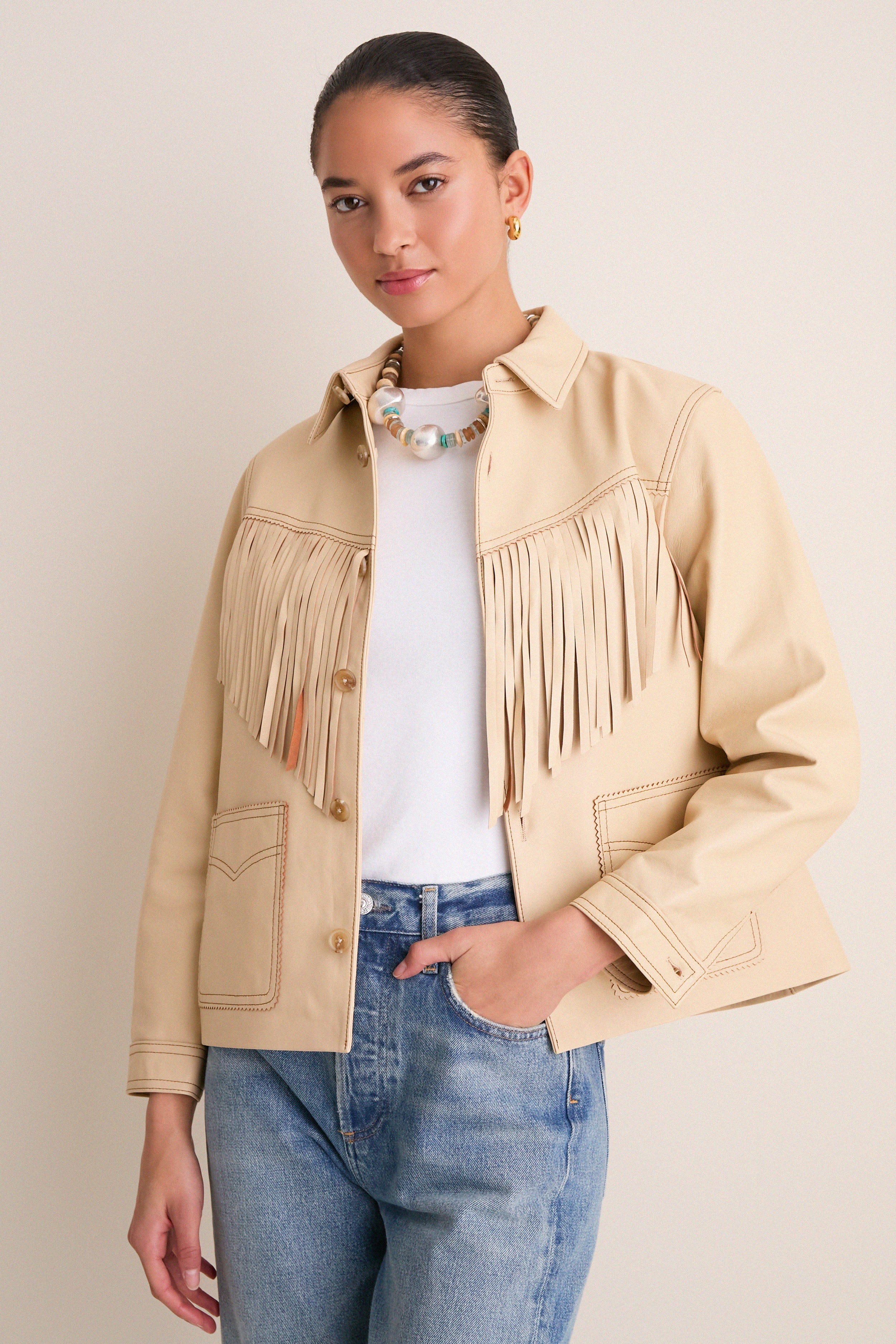 Toasted Almond Leather Fringe Jacket-Get Girly