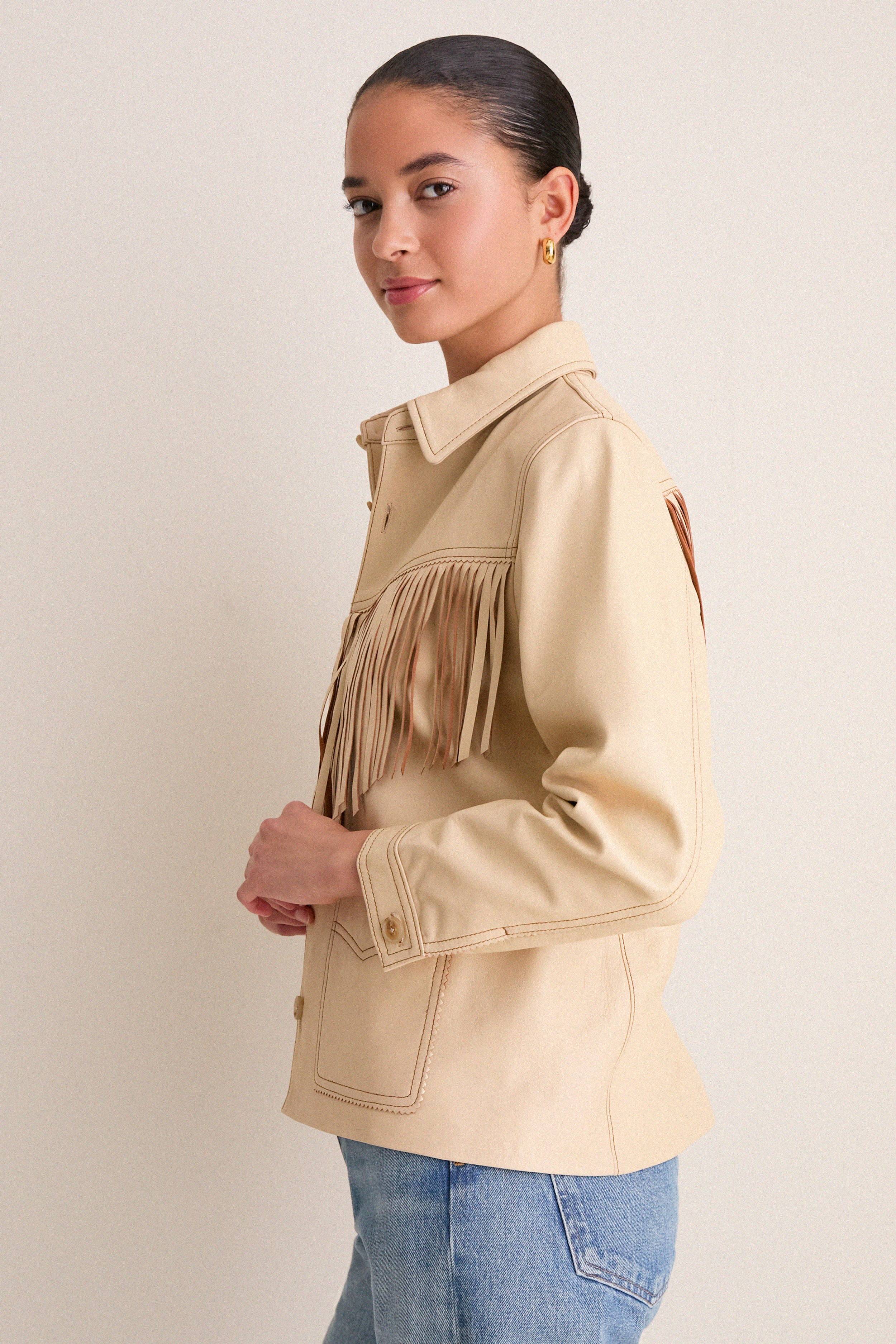 Toasted Almond Leather Fringe Jacket-Get Girly