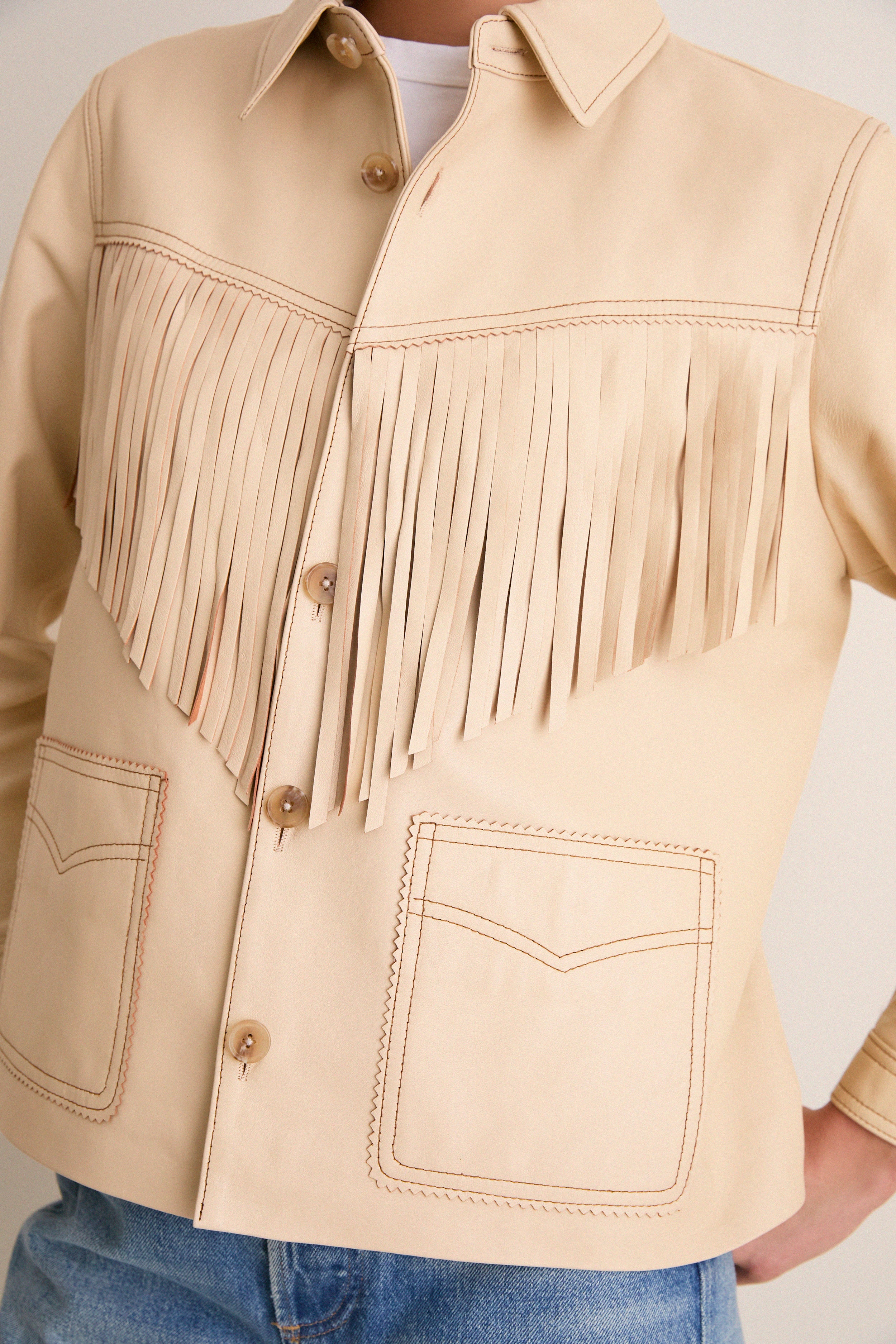 Toasted Almond Leather Fringe Jacket-Get Girly