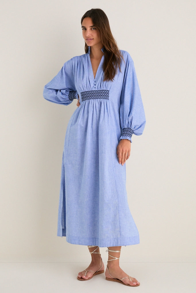 Chambray Embroidered Aubury Maxi Dress-Get Girly