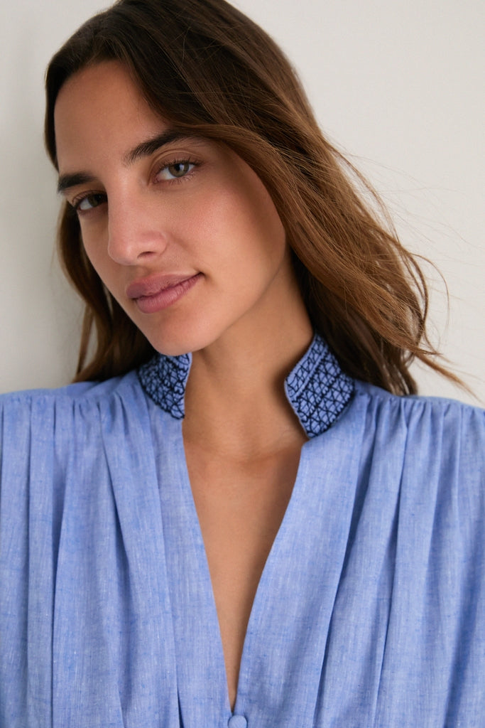 Chambray Embroidered Aubury Maxi Dress-Get Girly