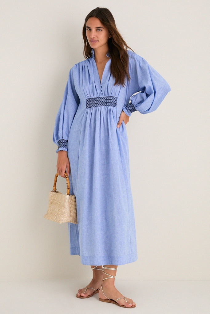 Chambray Embroidered Aubury Maxi Dress-Get Girly