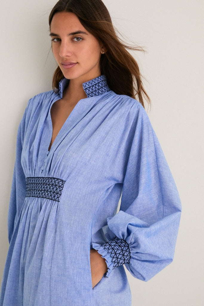 Chambray Embroidered Aubury Maxi Dress-Get Girly