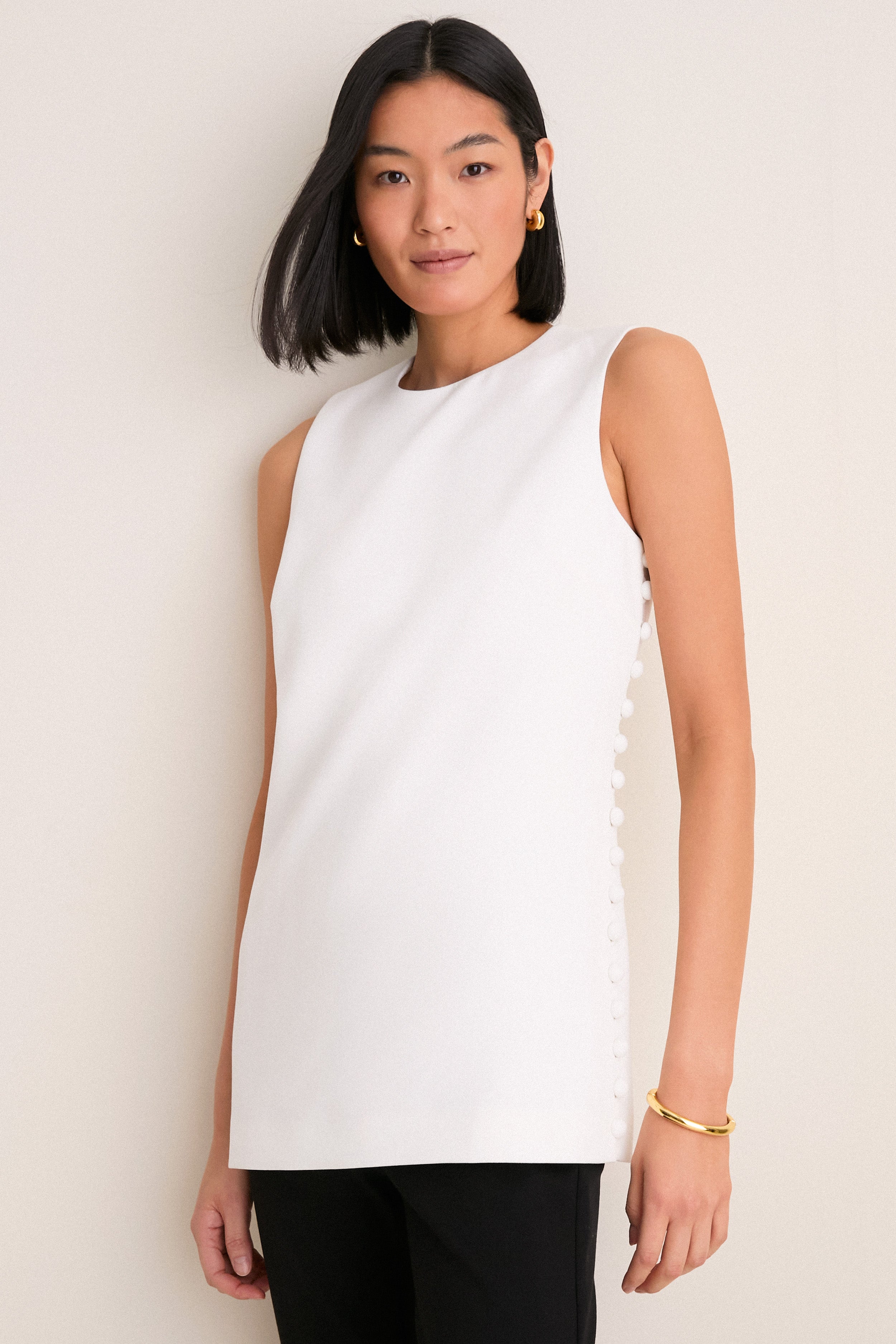 White Crepe Sleeveless Covered Buttons Millie Top-Get Girly