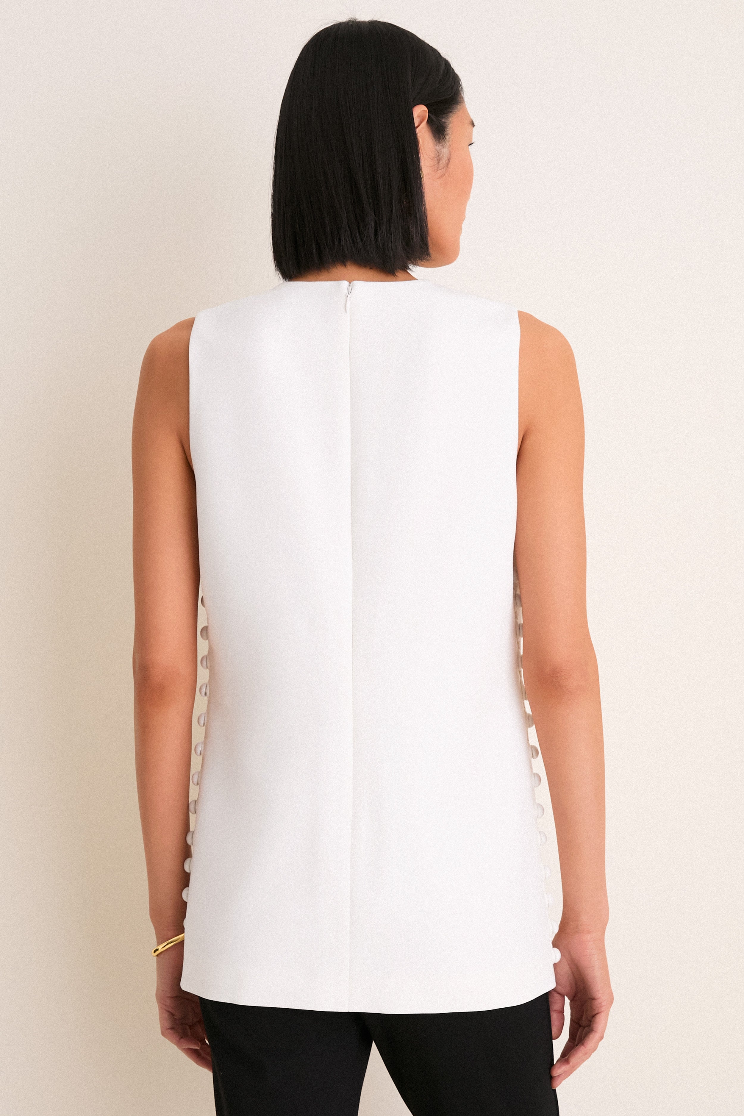White Crepe Sleeveless Covered Buttons Millie Top-Get Girly