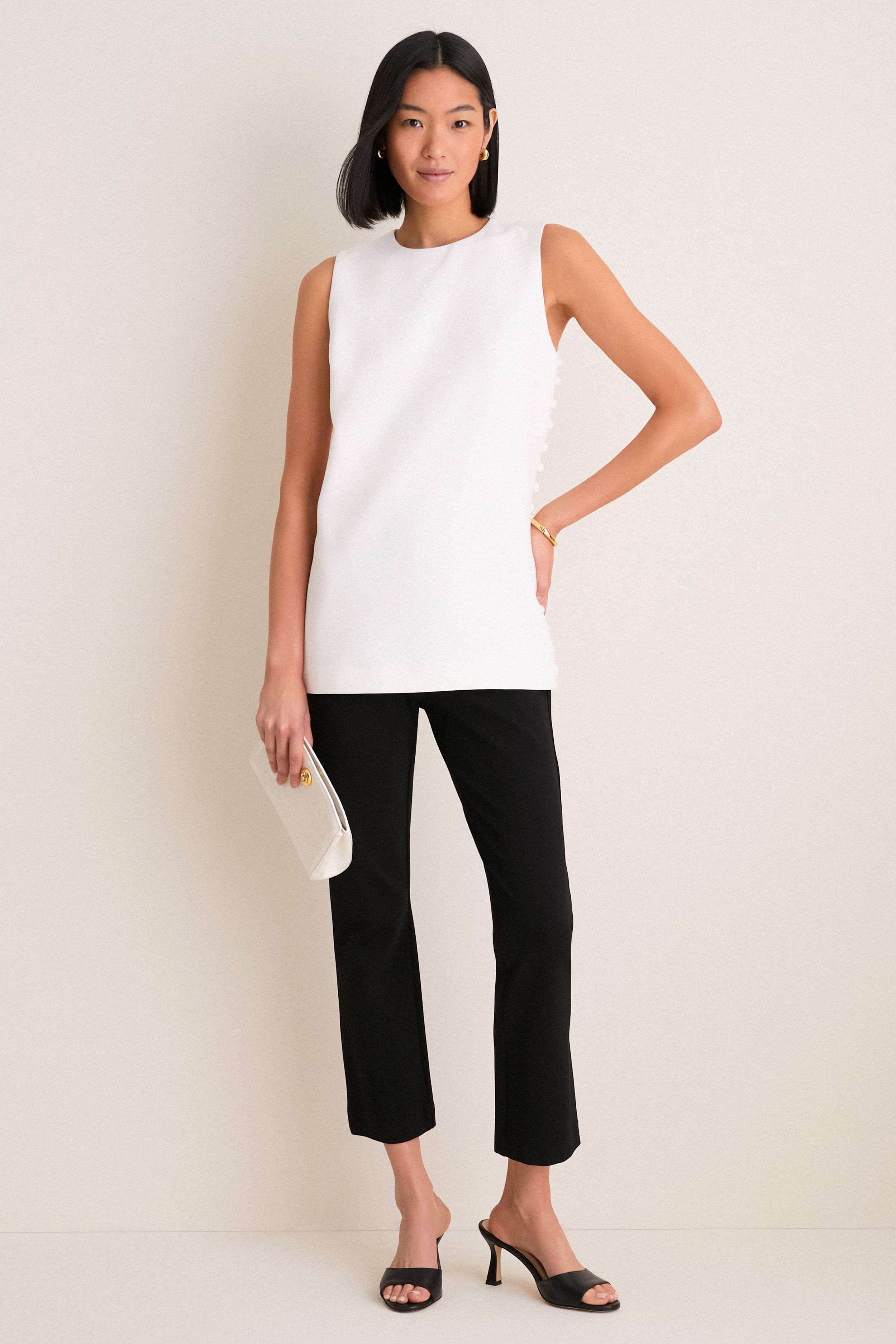 White Crepe Sleeveless Covered Buttons Millie Top-Get Girly