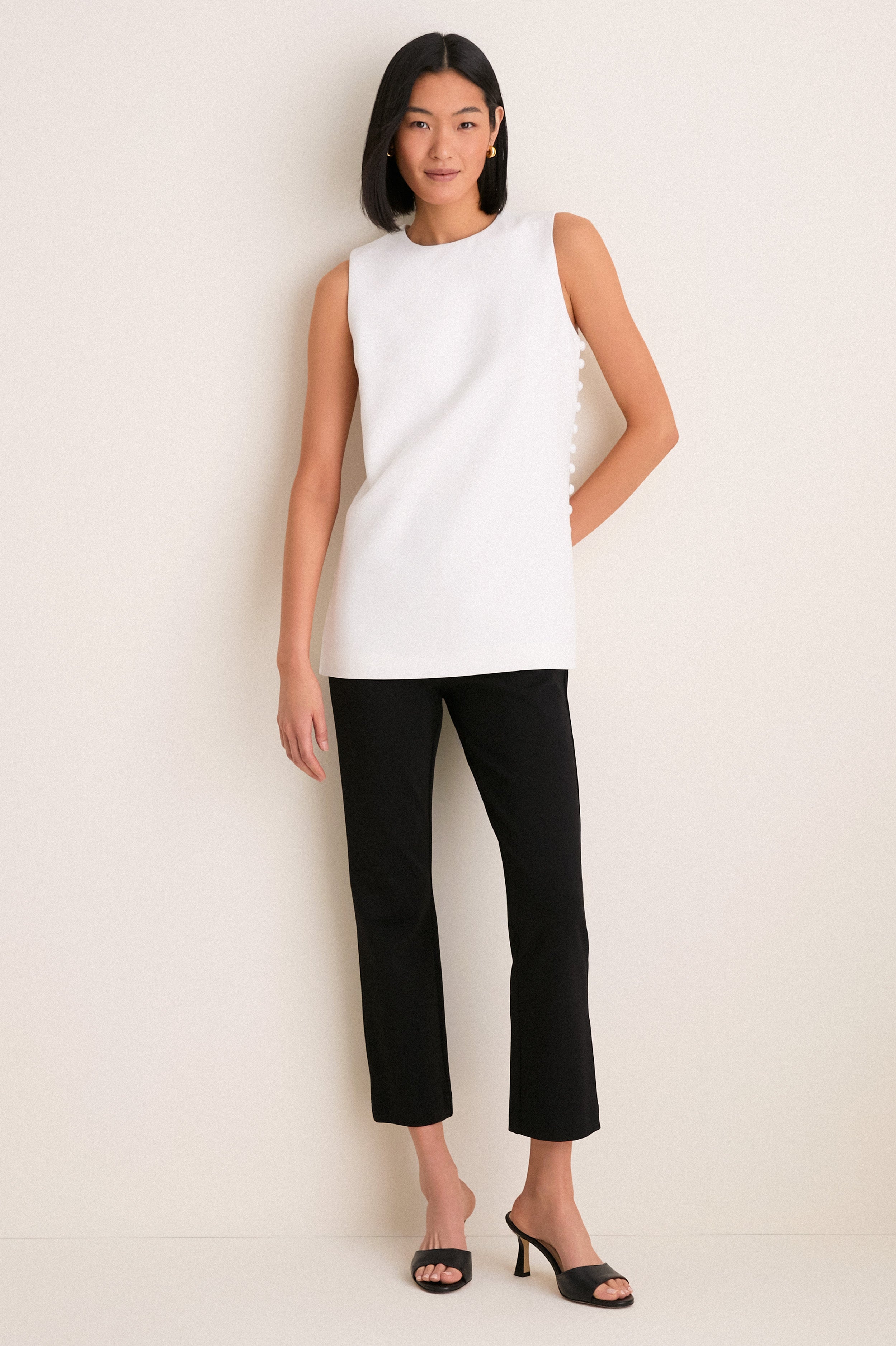 White Crepe Sleeveless Covered Buttons Millie Top-Get Girly