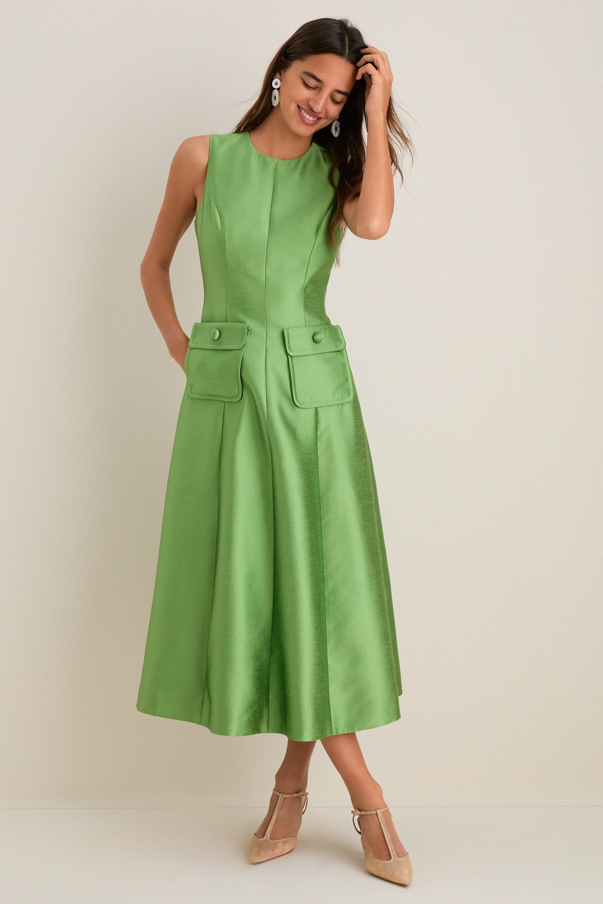 Pistachio Dupioni Helene Midi Dress-Get Girly
