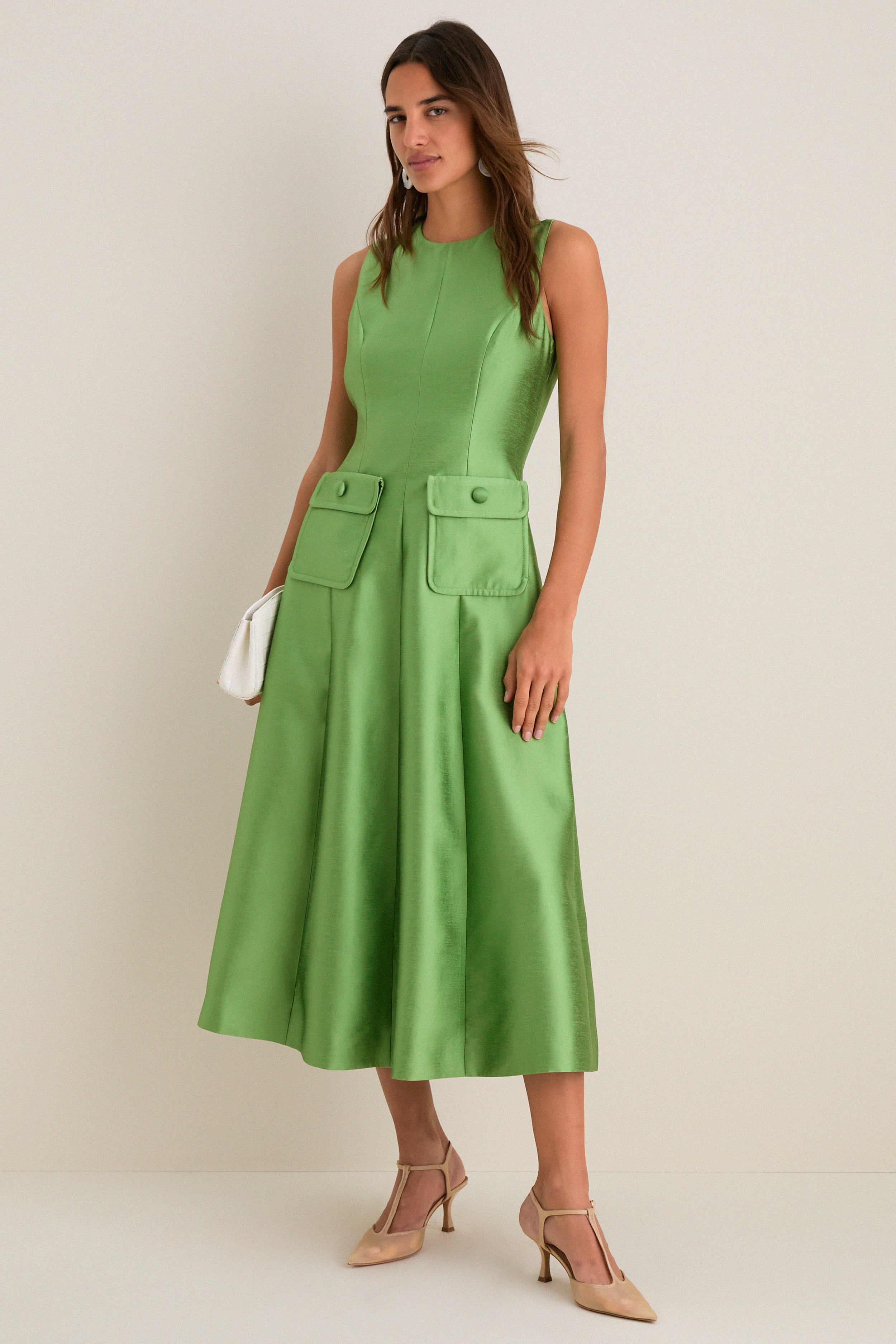 Pistachio Dupioni Helene Midi Dress-Get Girly