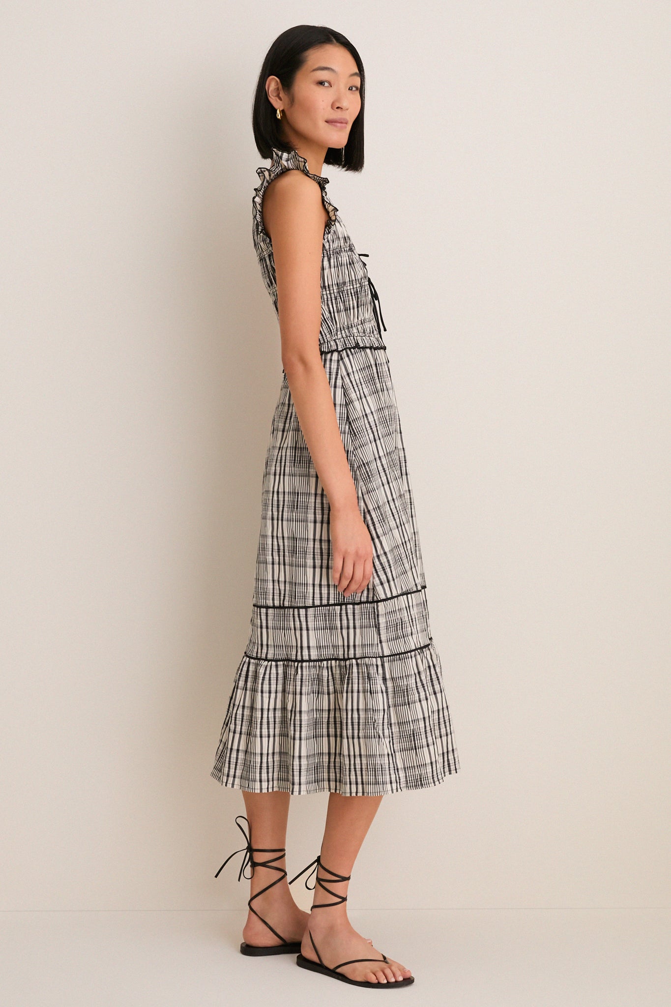 Black and Ivory Plaid Lacey Smocked Tie Front Midi Dress-Get Girly