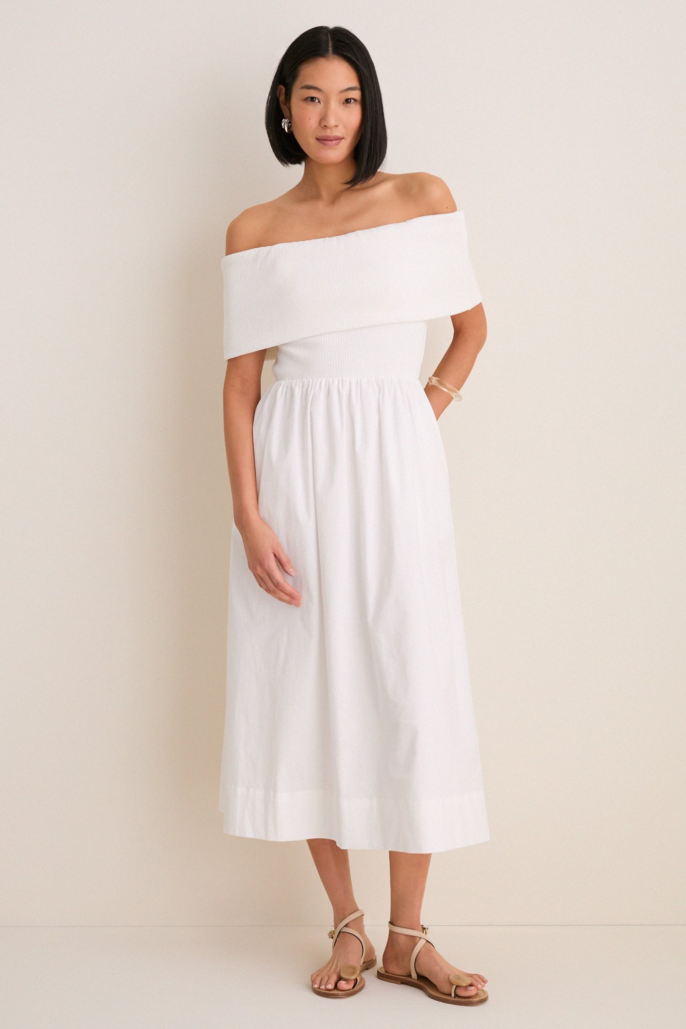 White Marjorie Mixed Media Off The Shoulder Midi Dress-Get Girly