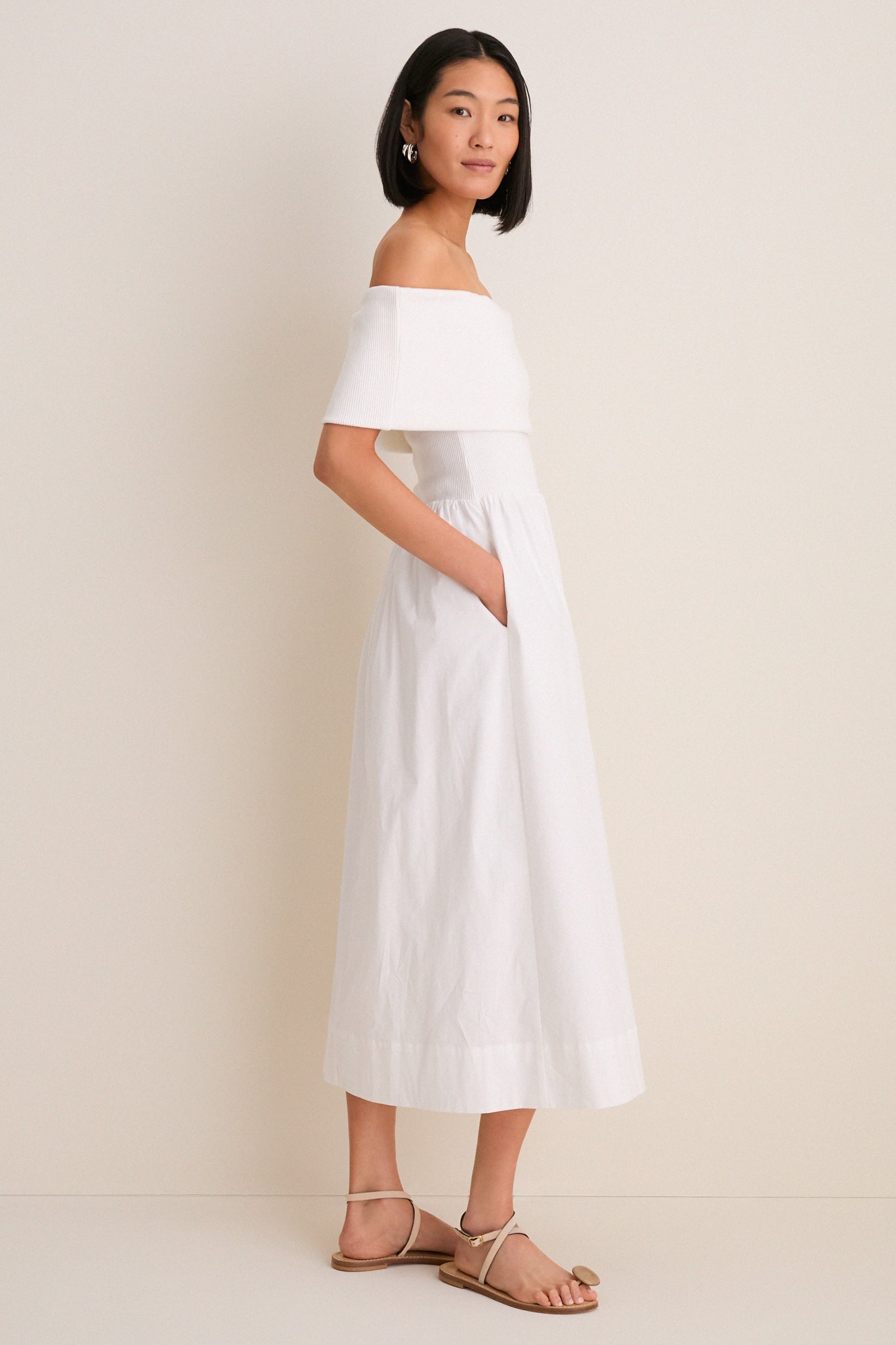 White Marjorie Mixed Media Off The Shoulder Midi Dress-Get Girly