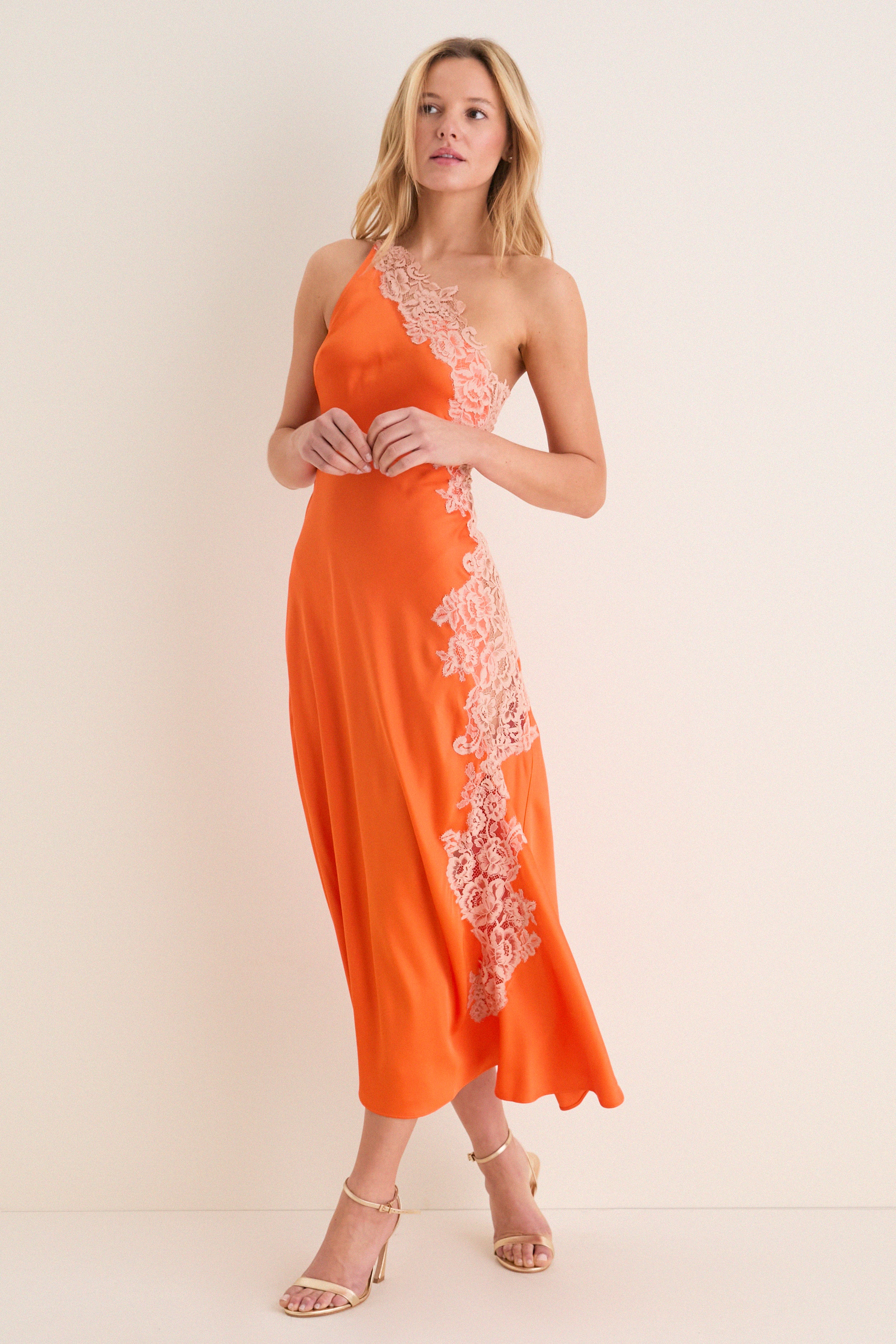 Vivid Orange with Pale Blush Lace Lou Dress-Get Girly