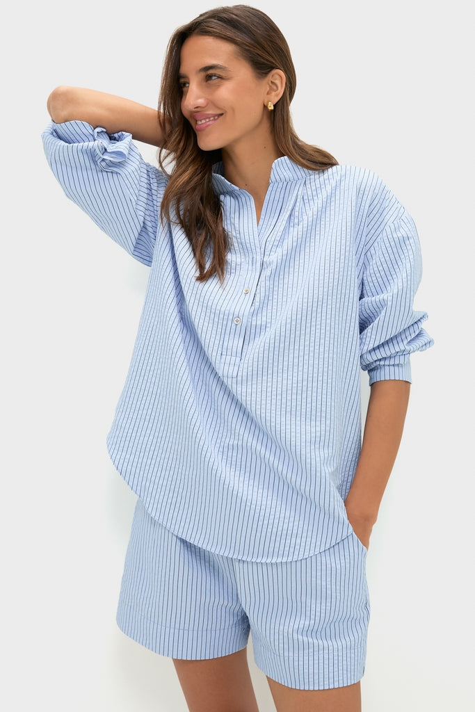 Blue Stripe Seersucker Cove Popover-Get Girly
