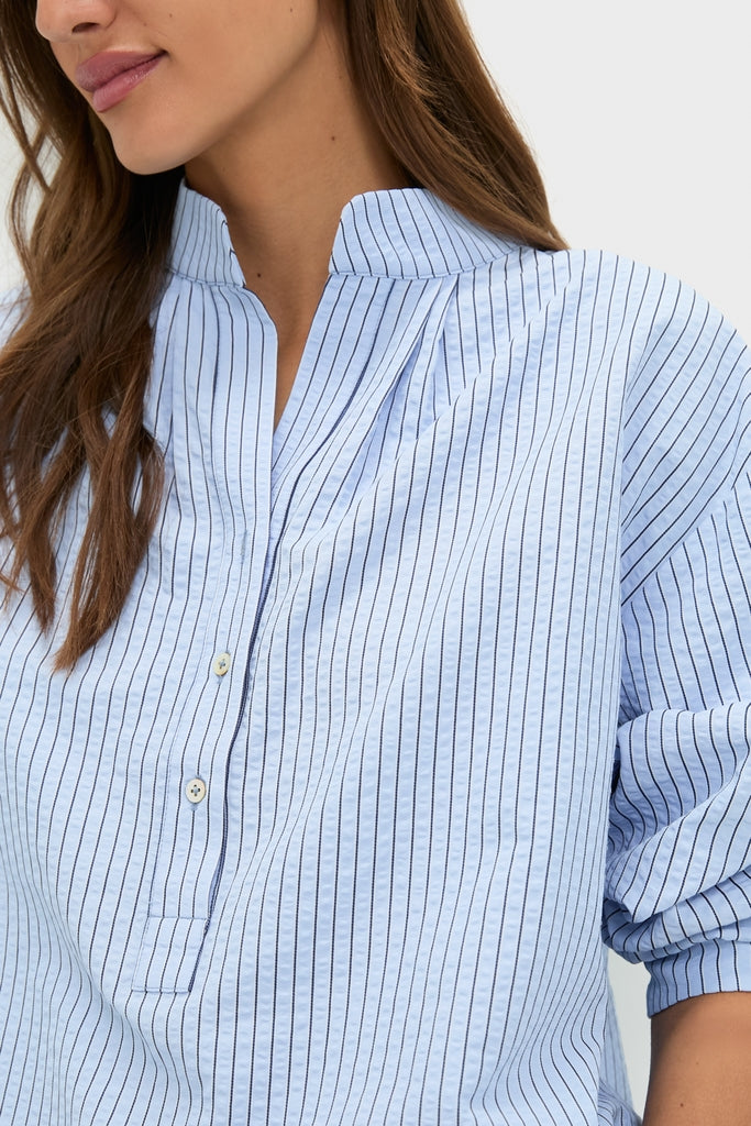 Blue Stripe Seersucker Cove Popover-Get Girly