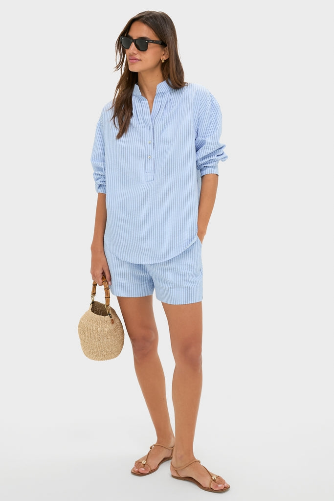 Blue Stripe Seersucker Cove Popover-Get Girly