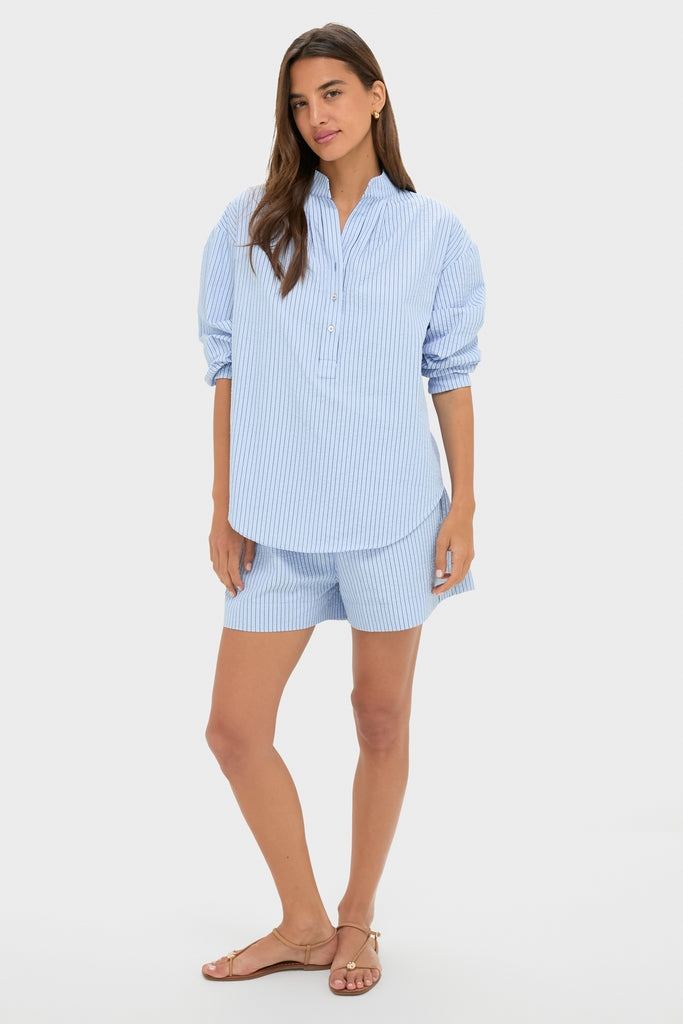 Blue Stripe Seersucker Cove Popover-Get Girly