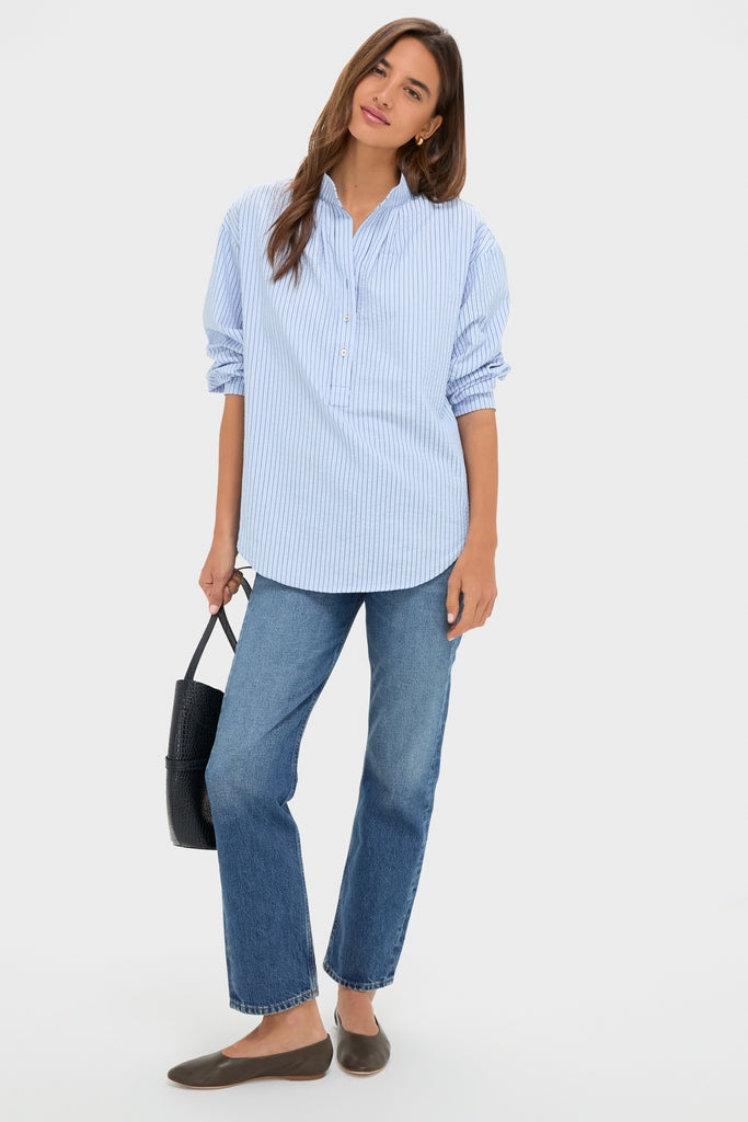 Blue Stripe Seersucker Cove Popover-Get Girly