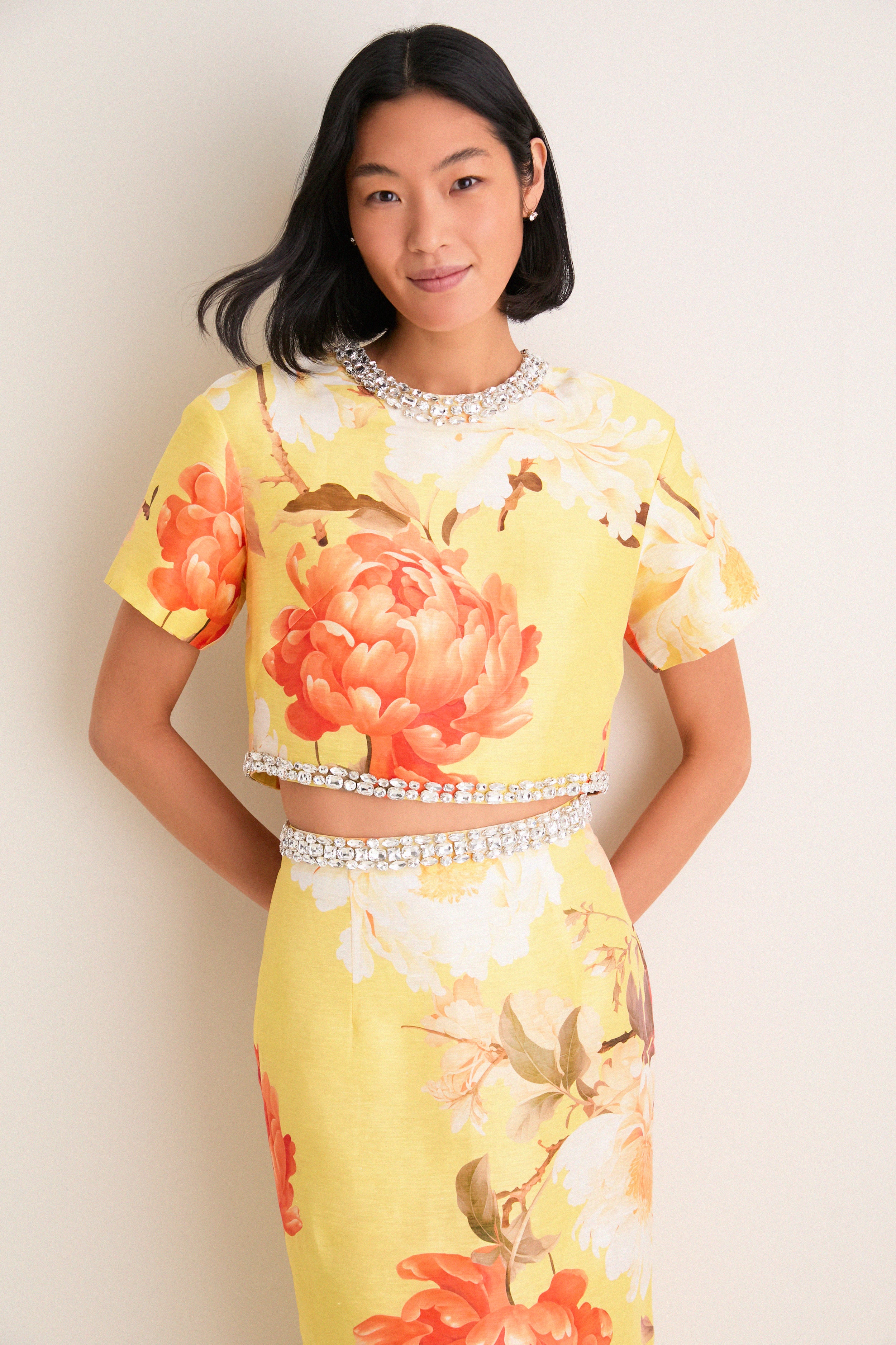 Yellow Peony Print Indie Embellished Sleeve Top-Get Girly