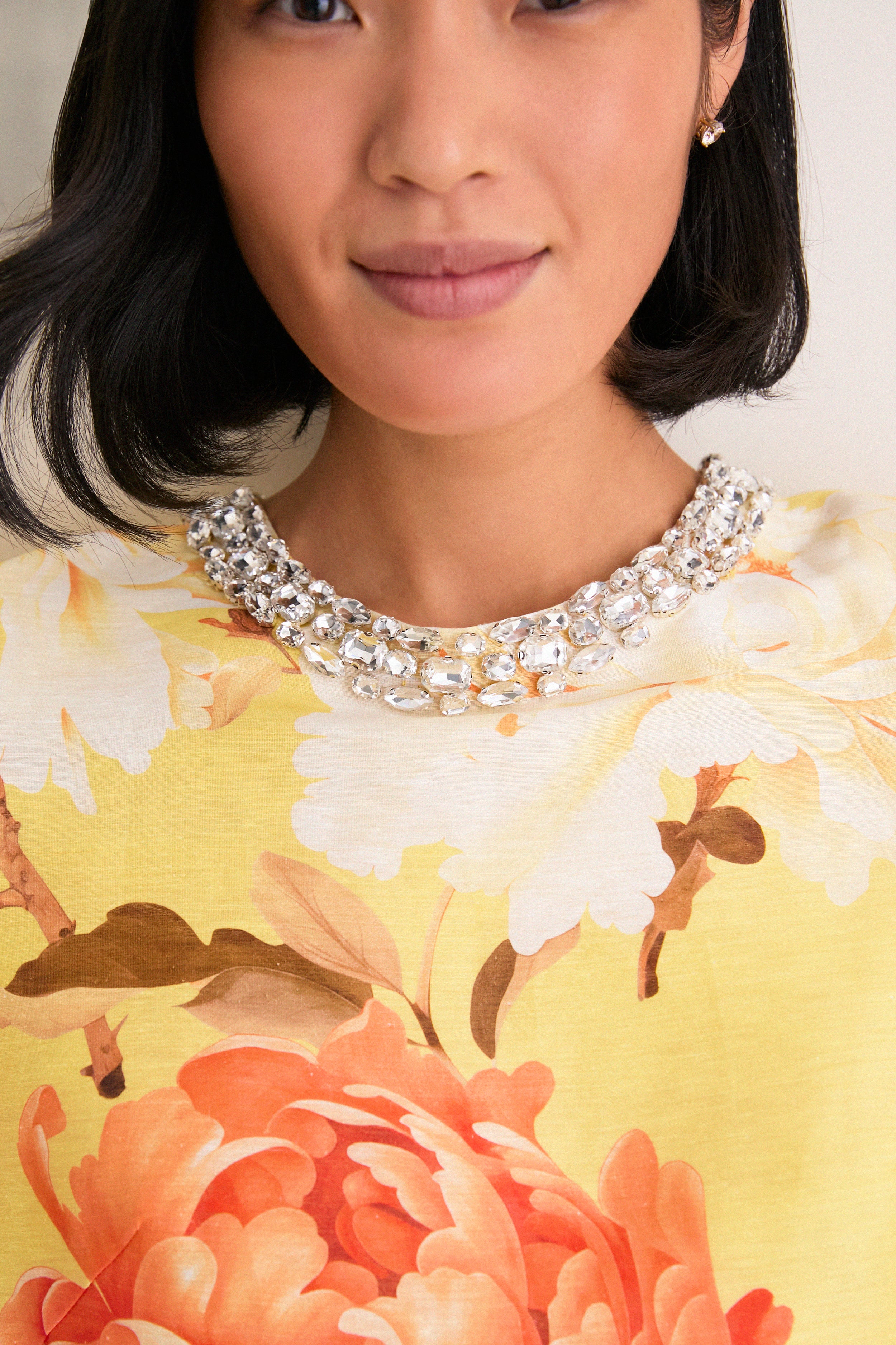 Yellow Peony Print Indie Embellished Sleeve Top-Get Girly