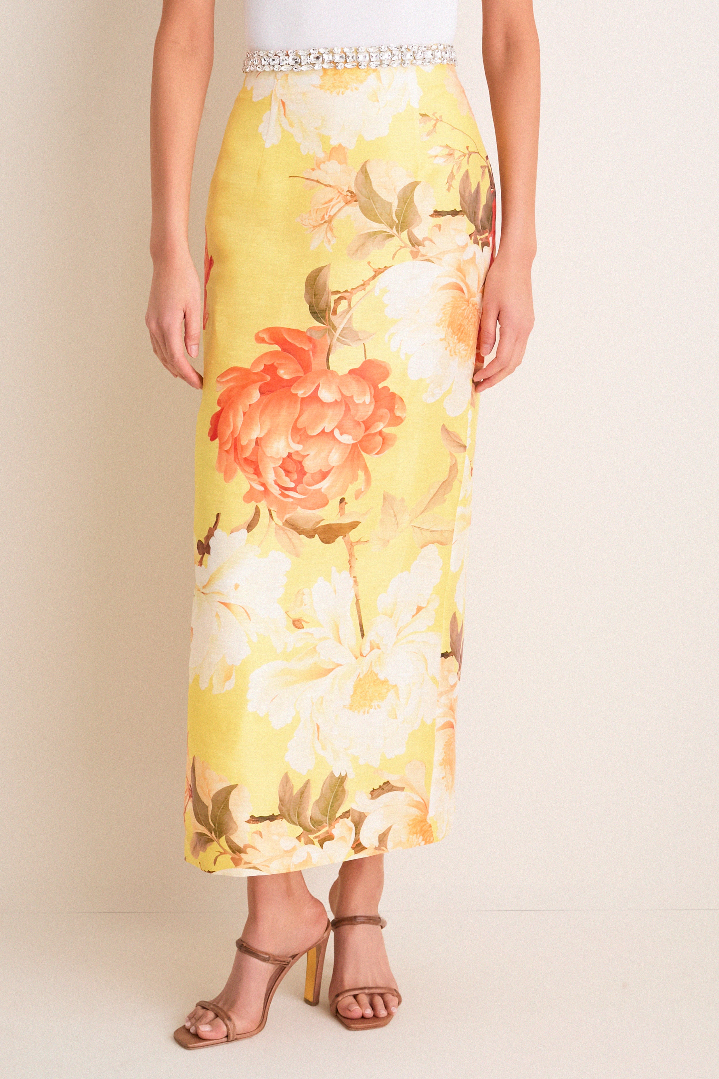 Yellow Peony Print Kyra Embellished Maxi Skirt-Get Girly