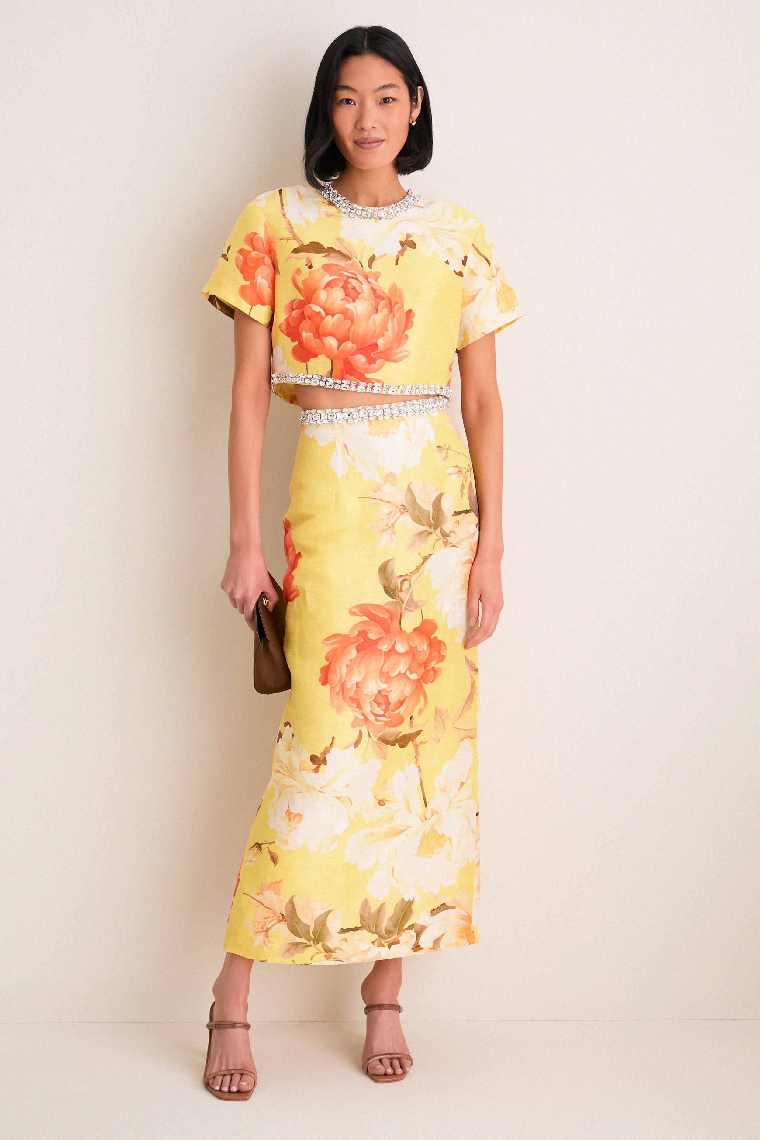 Yellow Peony Print Kyra Embellished Maxi Skirt-Get Girly