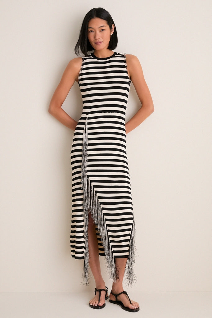 Black and White Stripe Sabine Fringe Knit Dress-Get Girly