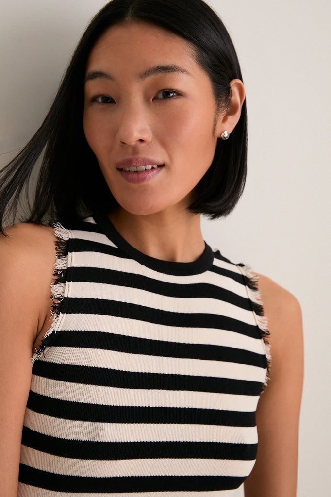 Black and White Stripe Sabine Fringe Knit Dress-Get Girly