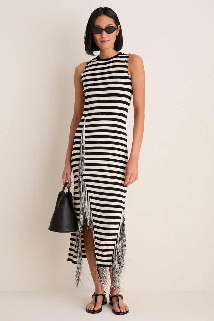 Black and White Stripe Sabine Fringe Knit Dress-Get Girly