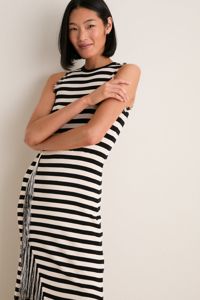 Black and White Stripe Sabine Fringe Knit Dress-Get Girly