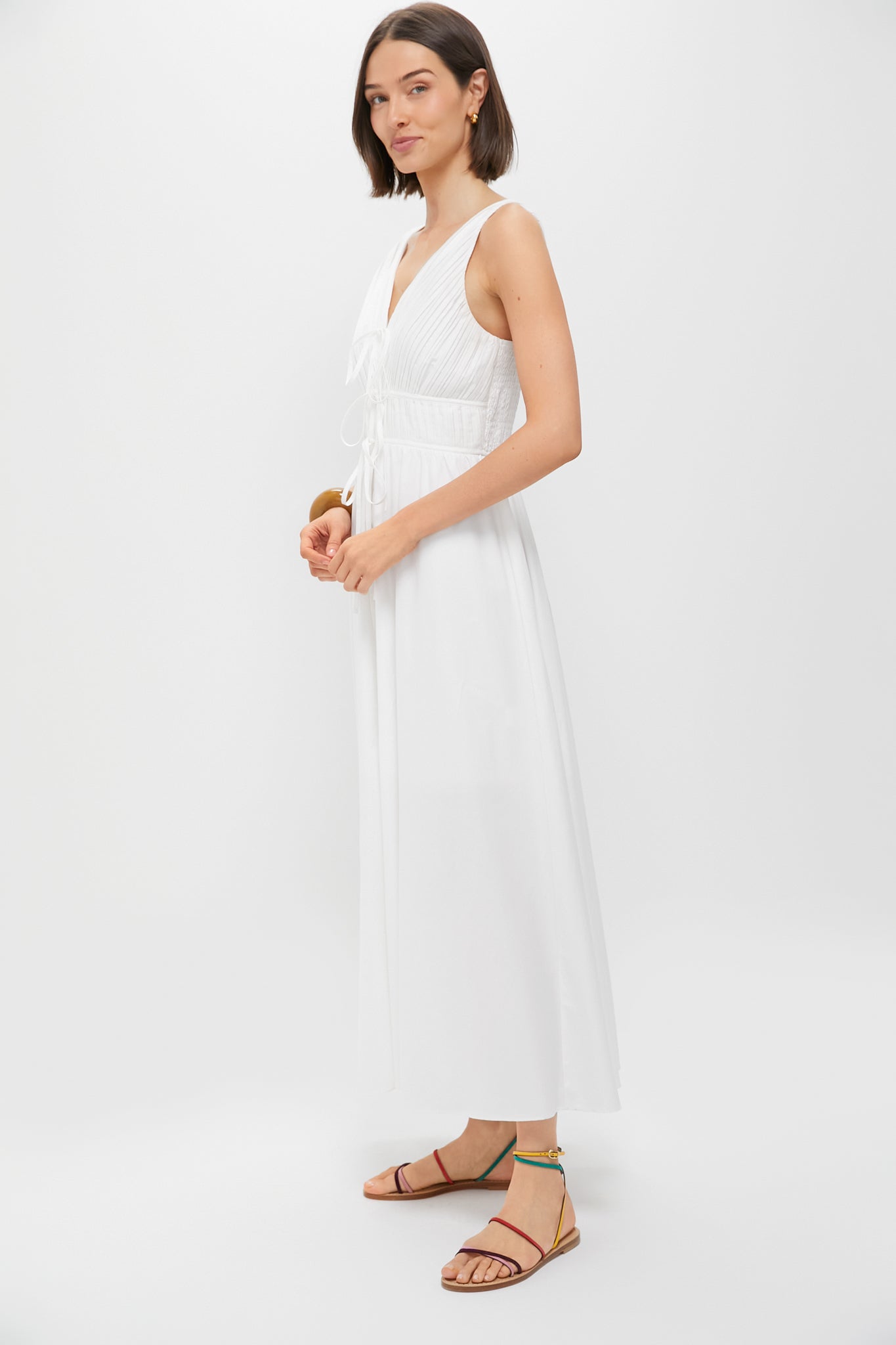 White V-Neck Pleated Midi Dress-Get Girly
