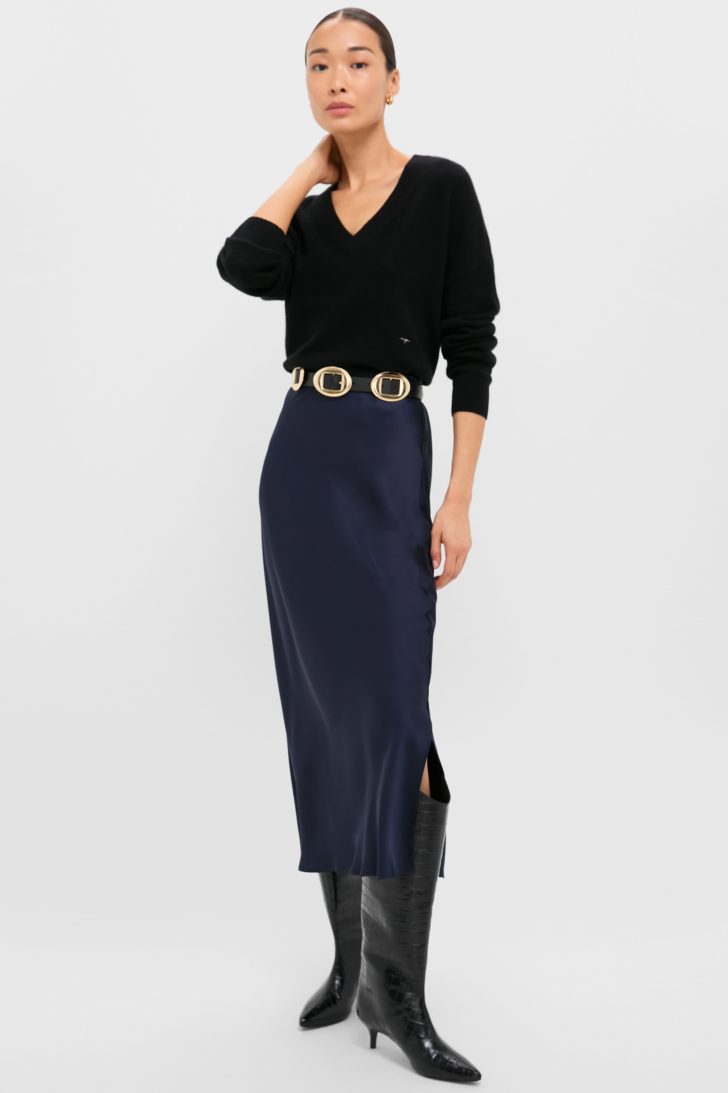 Black Emma Cashmere Boyfriend V-Neck Sweater-Get Girly