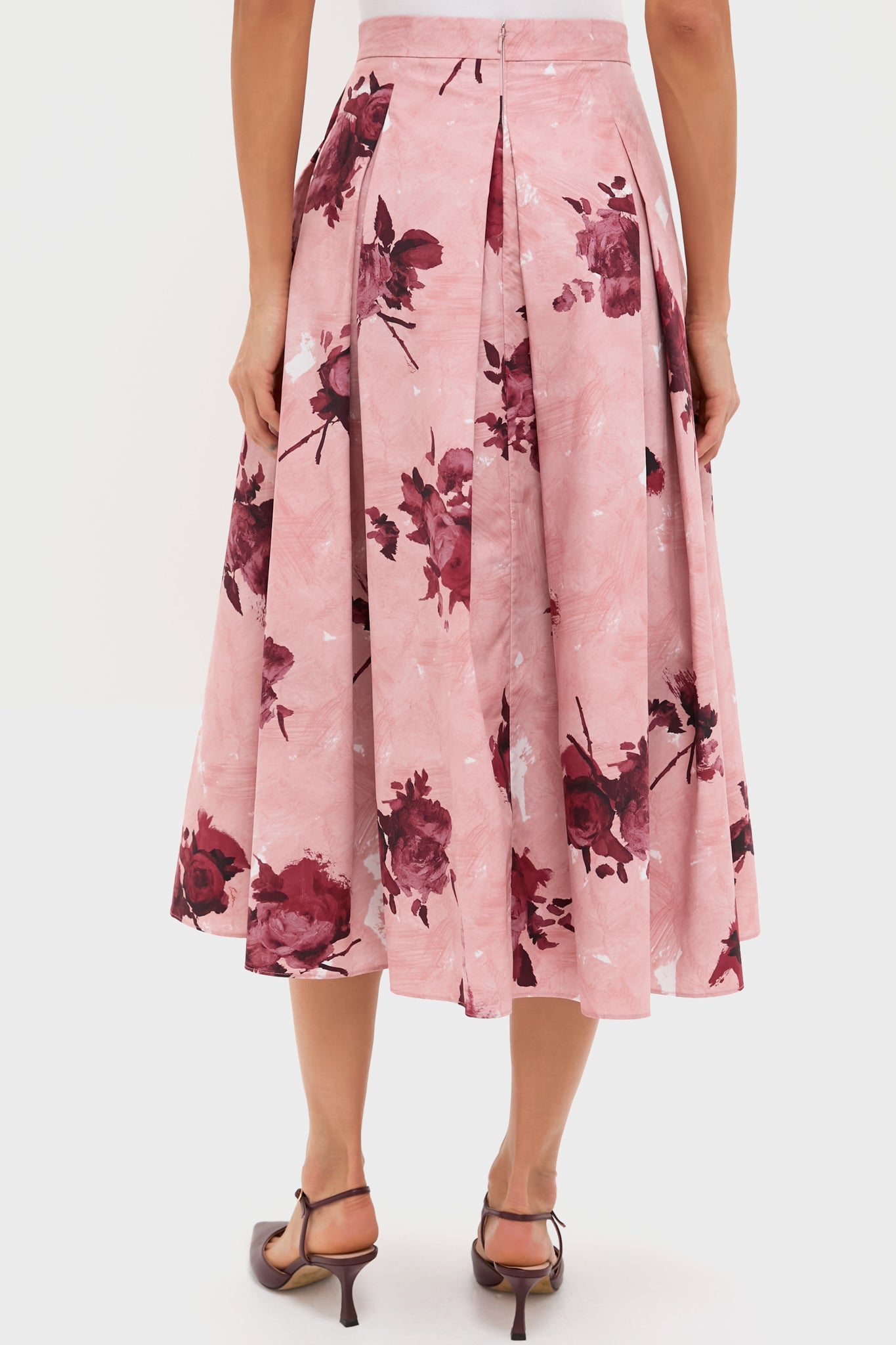Abstract Rose Slipper Pink Pleated Midi Skirt-Get Girly