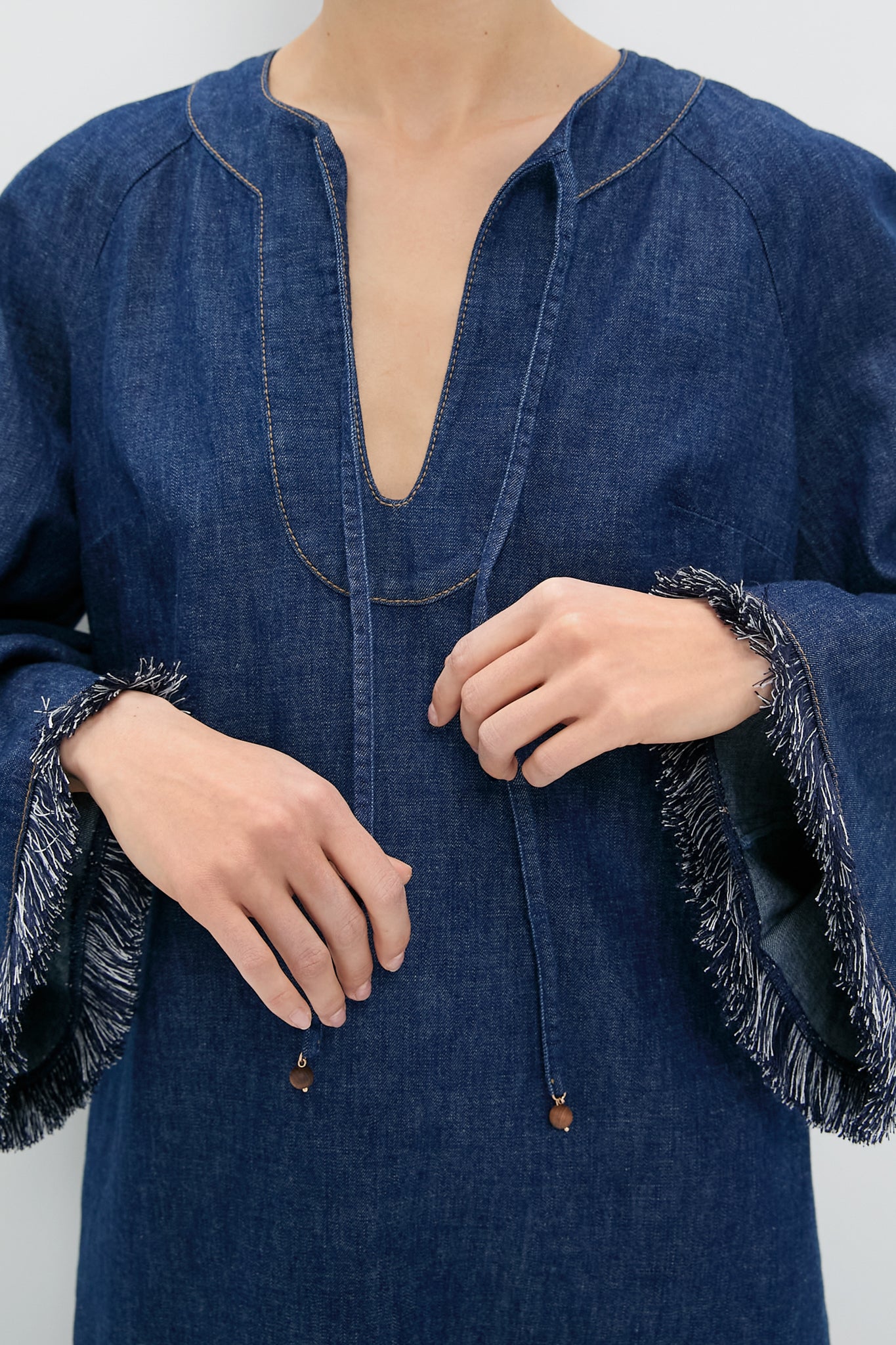 Atlantic Rhiannon Fringe Denim Midi Dress-Get Girly