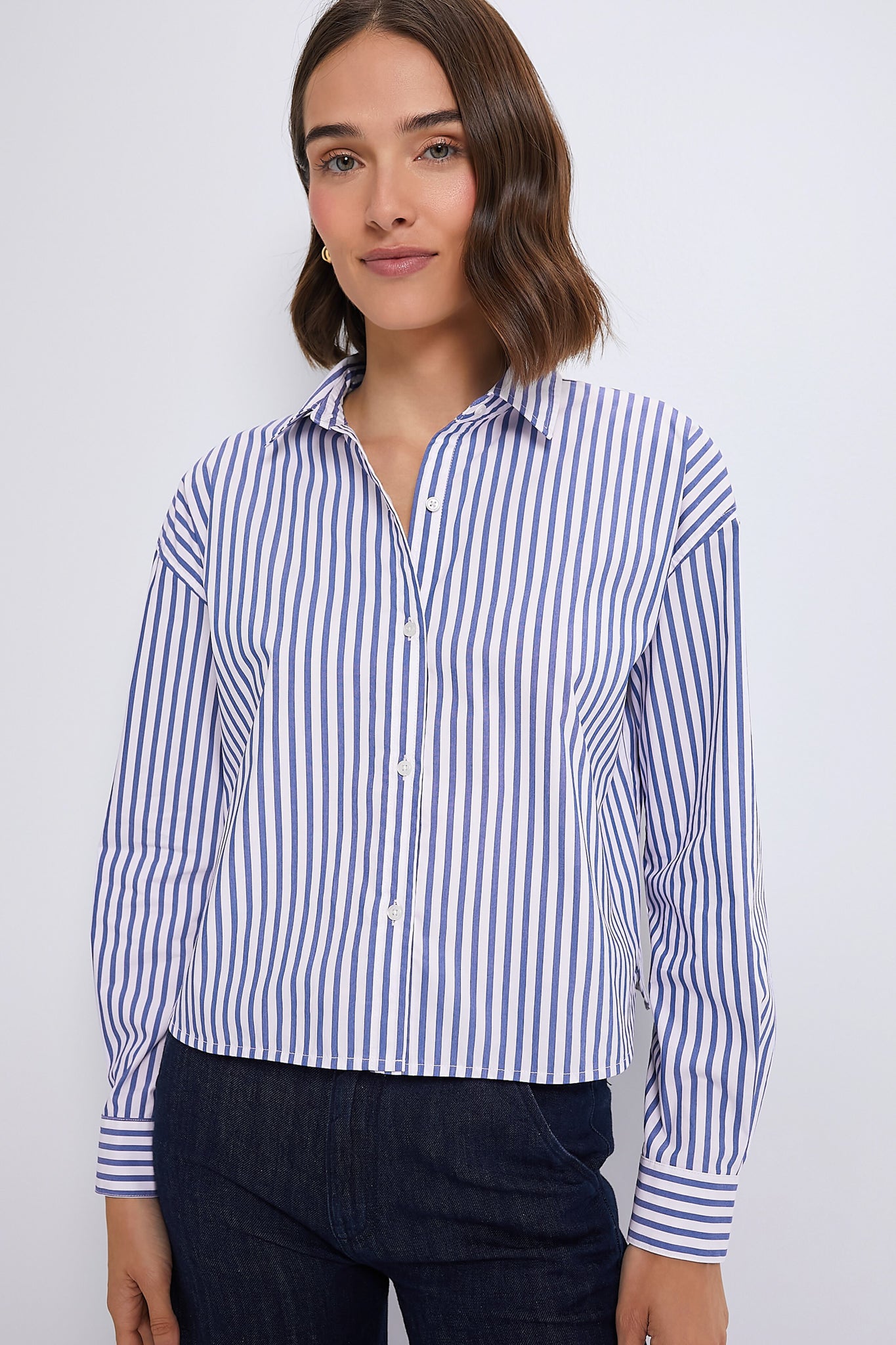 Blue Stripe Cropped Jasper Button Down-Get Girly