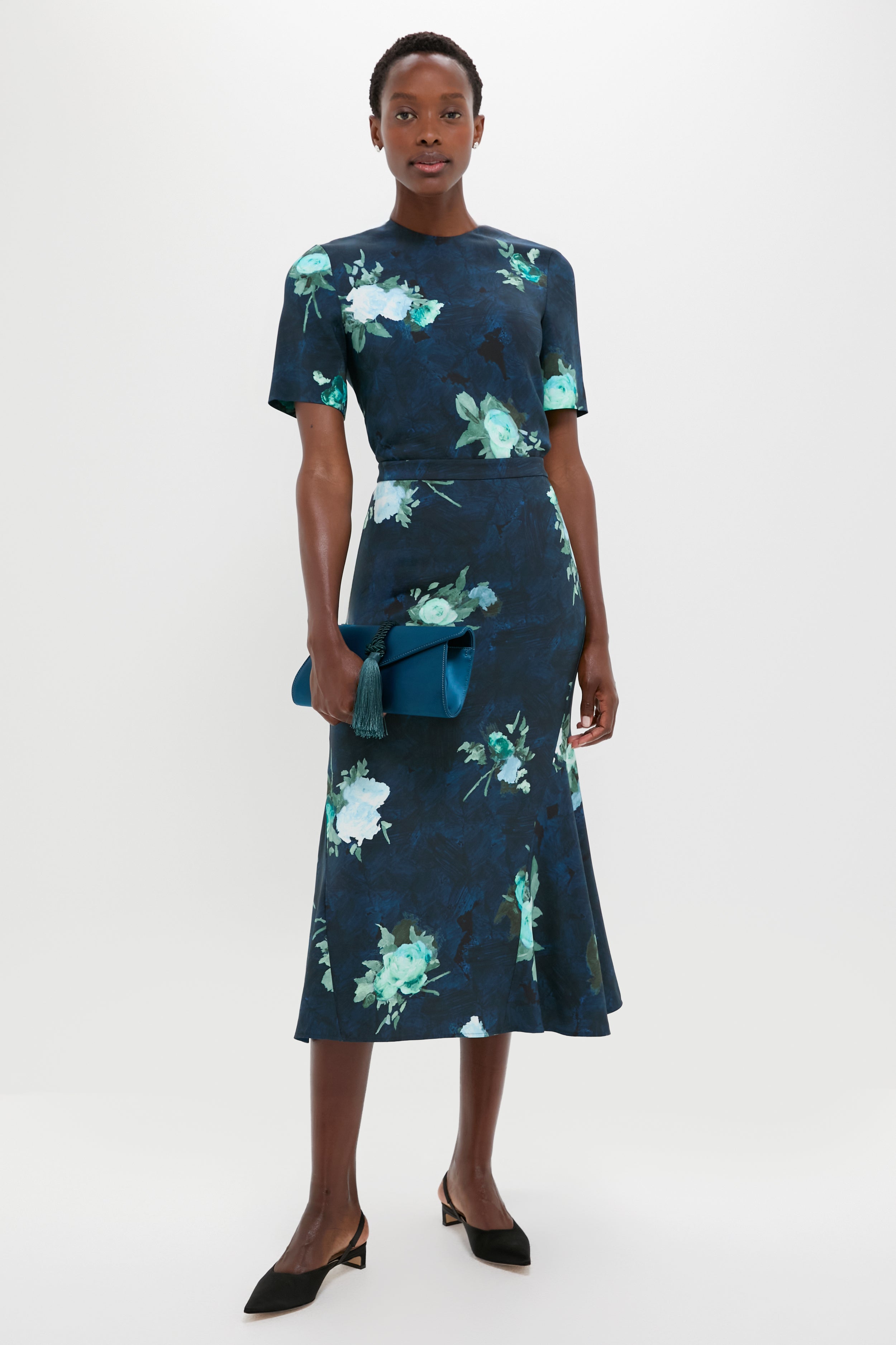 Abstract Rose Navy Fluted Midi Skirt-Get Girly