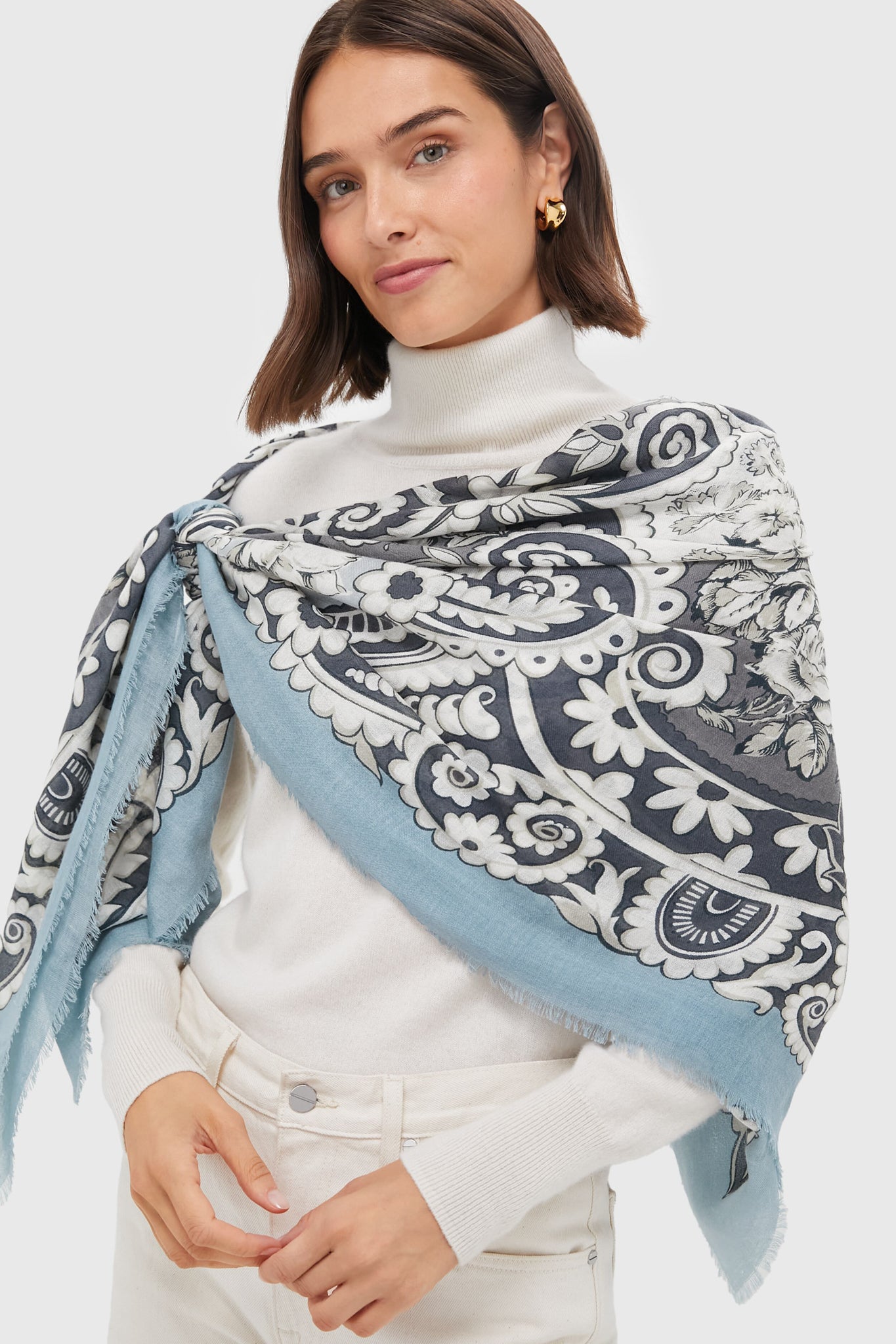 Blue Filigree Silk Cashmere Blend Large Scarf-Get Girly