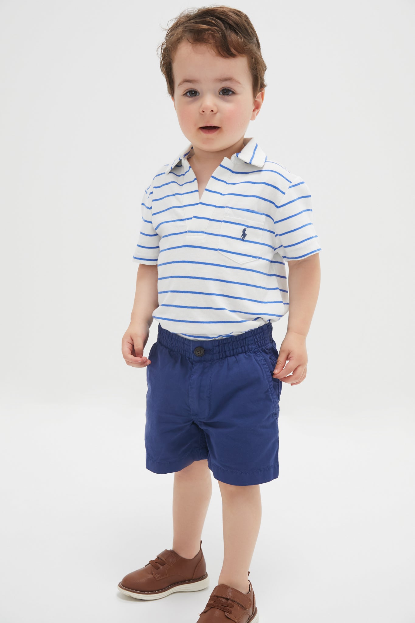 Little Boys White Short-Sleeve Cotton Linen Jersey Striped Johnny Collar Polo-Get Girly