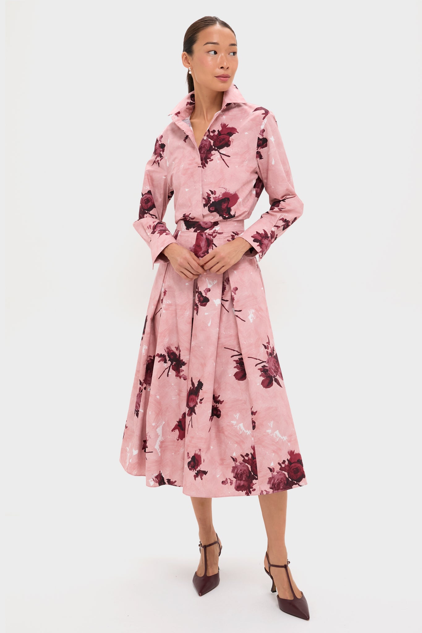 Abstract Rose Slipper Pink Pleated Midi Skirt-Get Girly