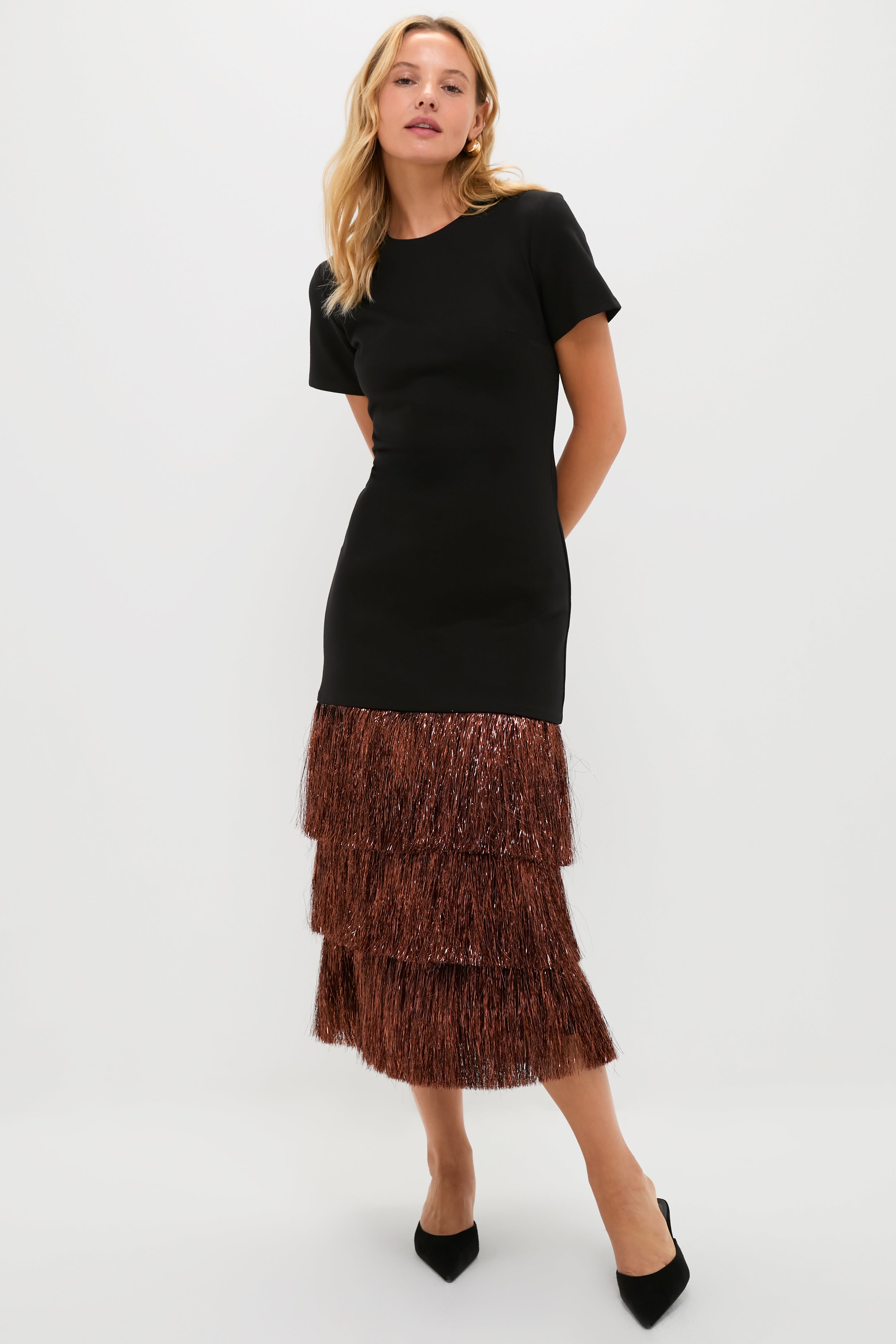 Black & Bronze Metallic Fringe Francie Short Sleeve Maxi Dress-Get Girly