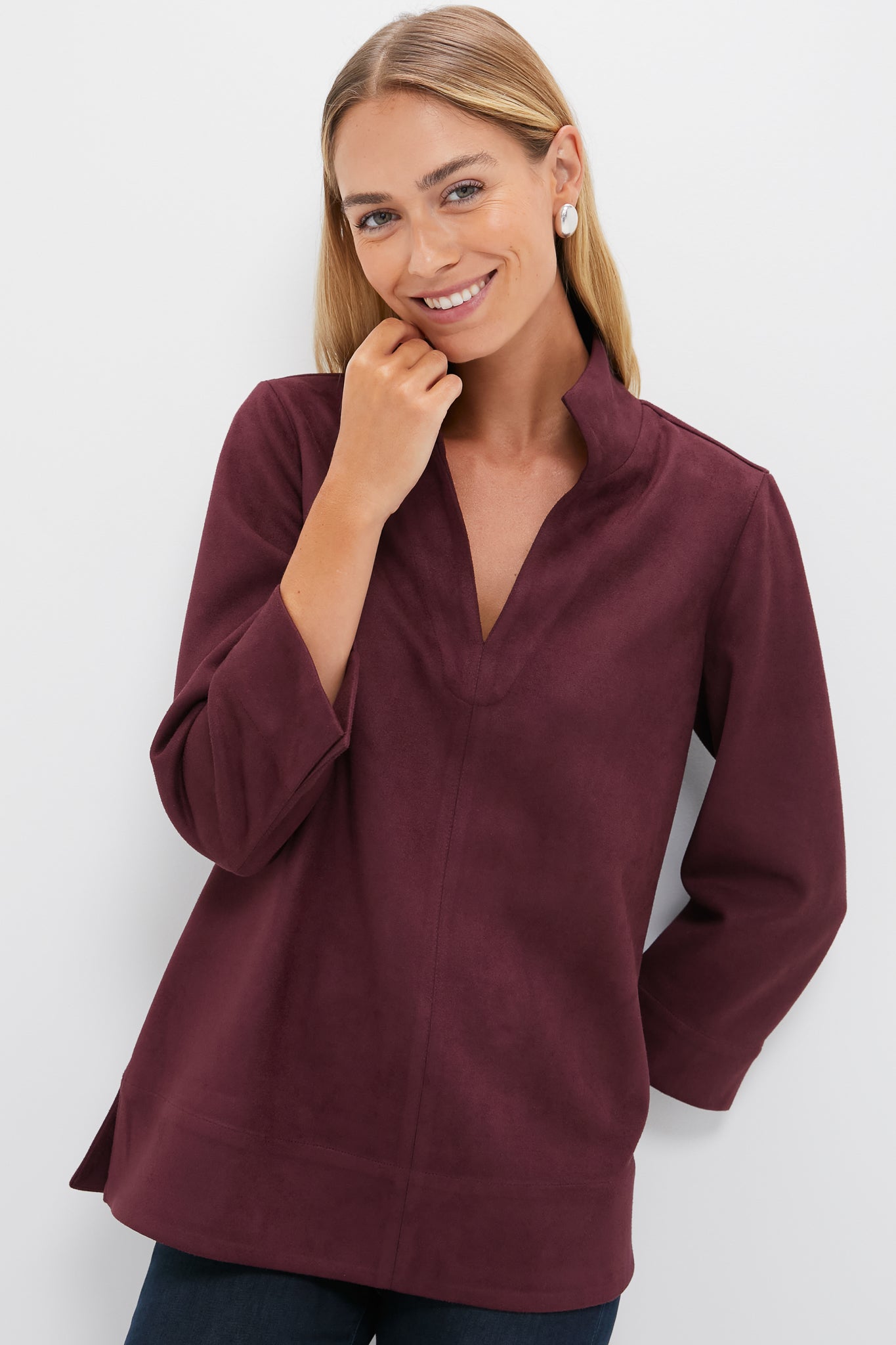 Winetasting Suede Margot Stand Collar Blouse-Get Girly
