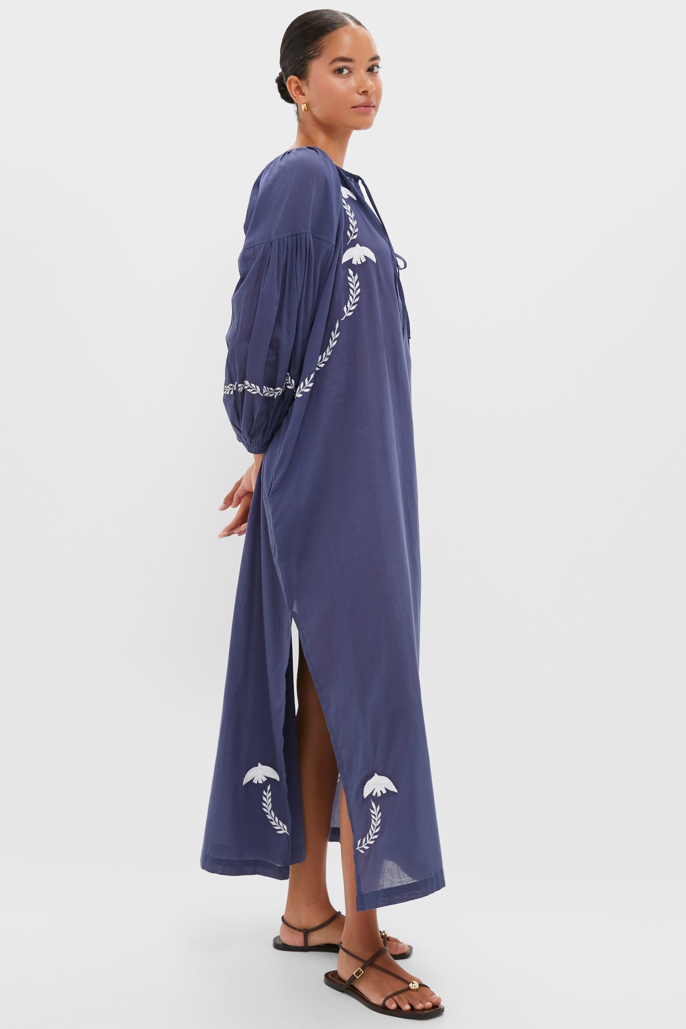 White Dove Embroidery Blue Indigo Organic Folk Maxi Dress-Get Girly