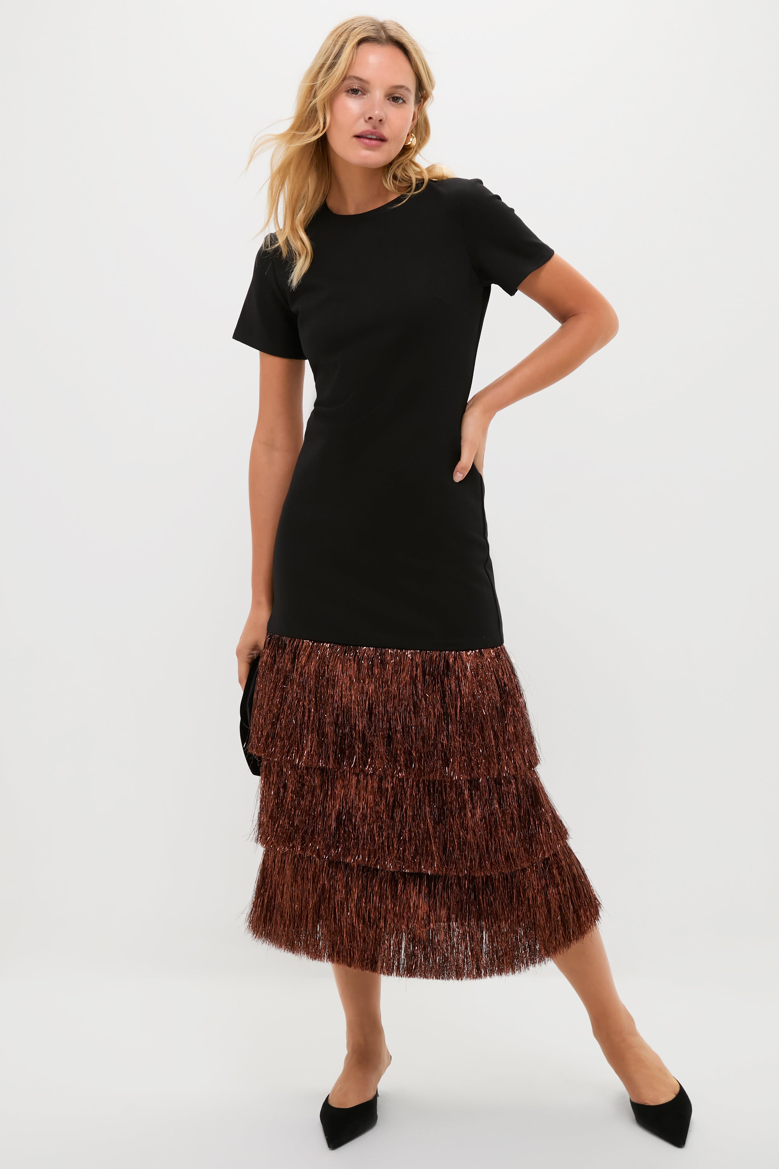 Black & Bronze Metallic Fringe Francie Short Sleeve Maxi Dress-Get Girly