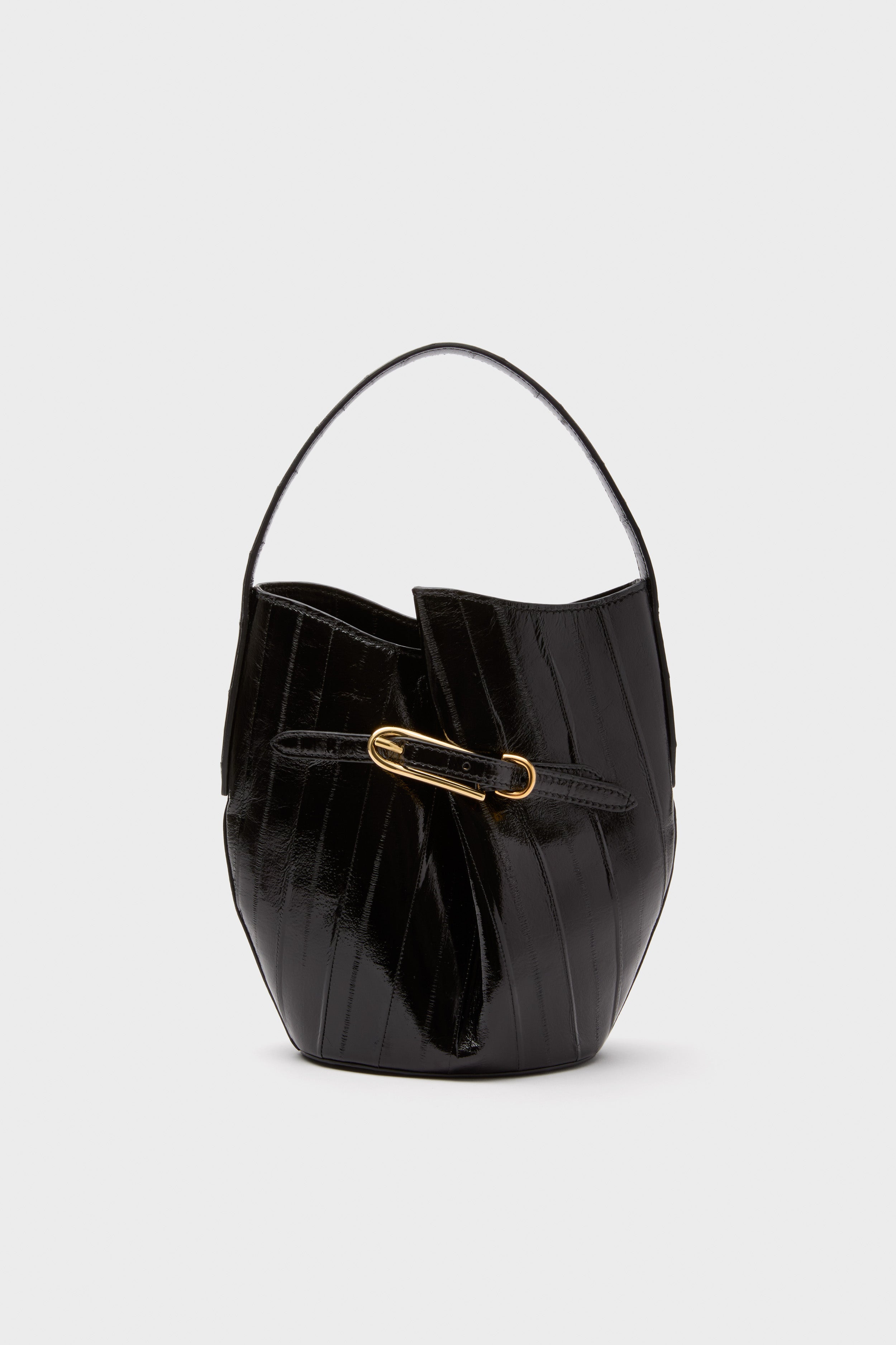 Black Eel Skin Mini Belted Bucket Bag-Get Girly